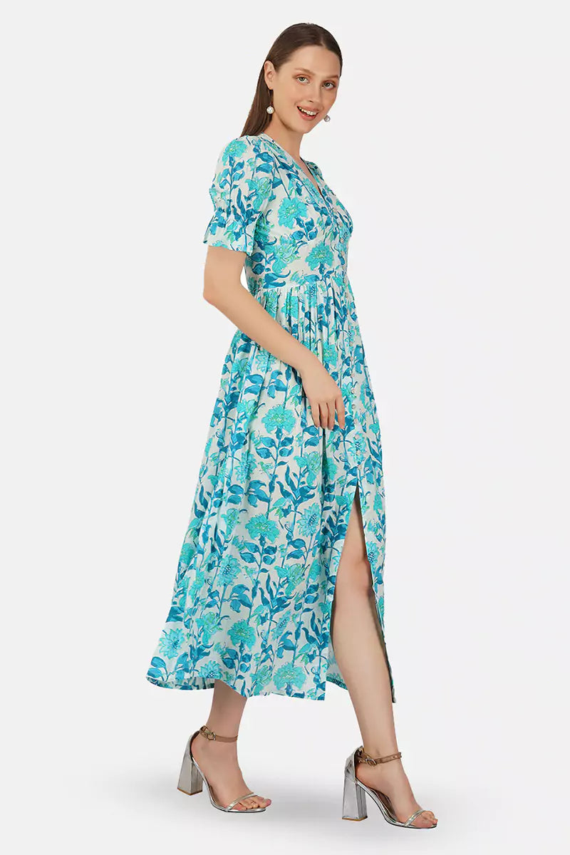 Sky Blue Hand Printed V-Neck Front Open Long Dress With Flarred Hem & Center Slit