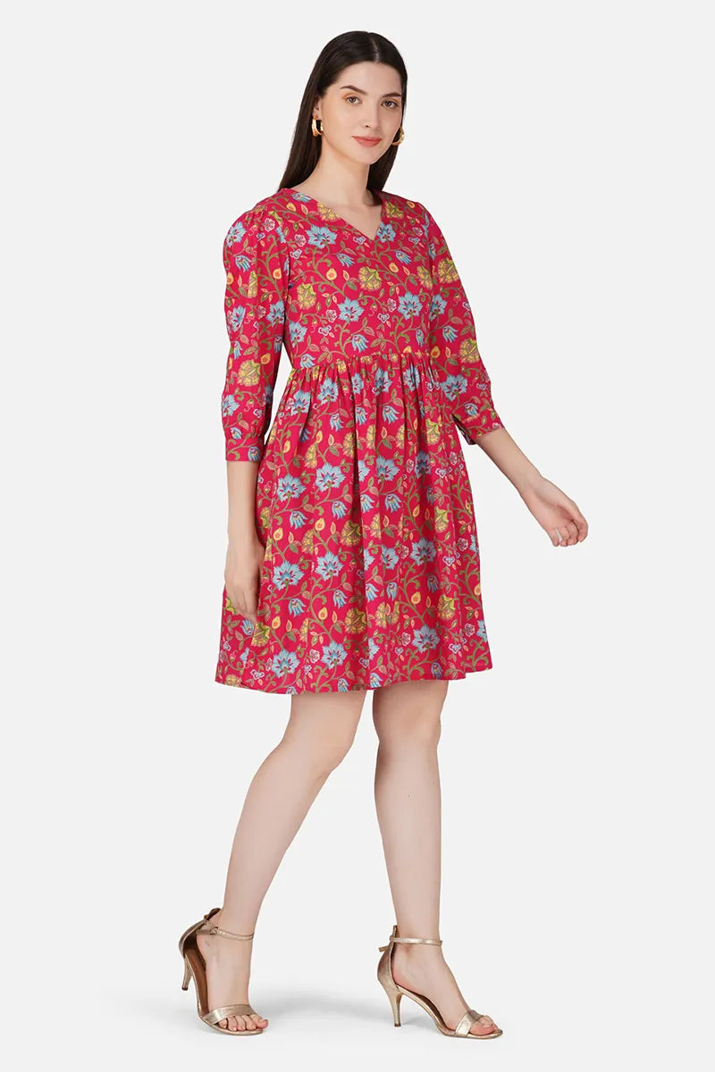 Pink Hand Block Printed V-Neck Mini Cotton Dress.