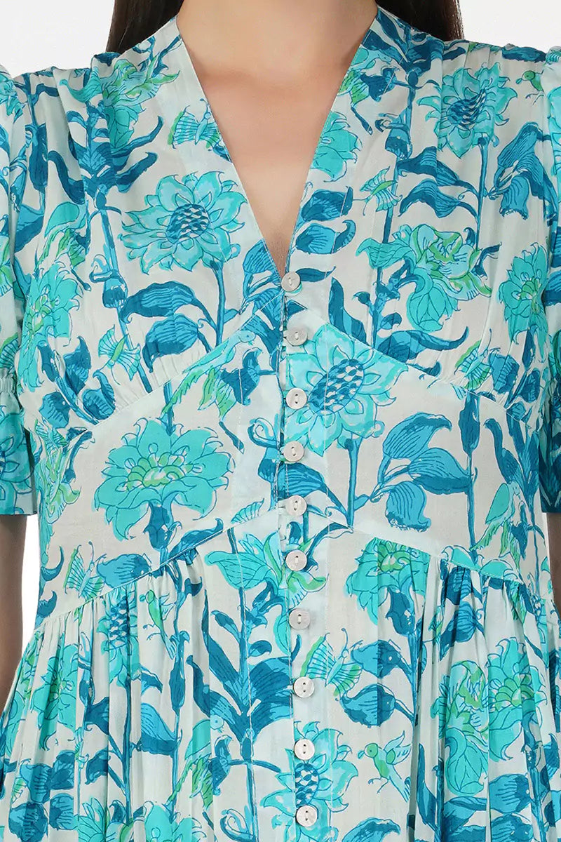 Sky Blue Hand Printed V-Neck Front Open Long Dress With Flarred Hem & Center Slit