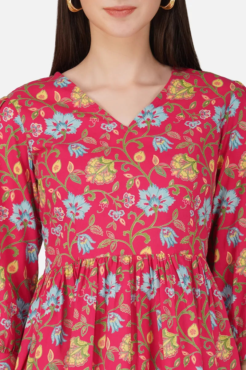 Pink Hand Block Printed V-Neck Mini Cotton Dress.