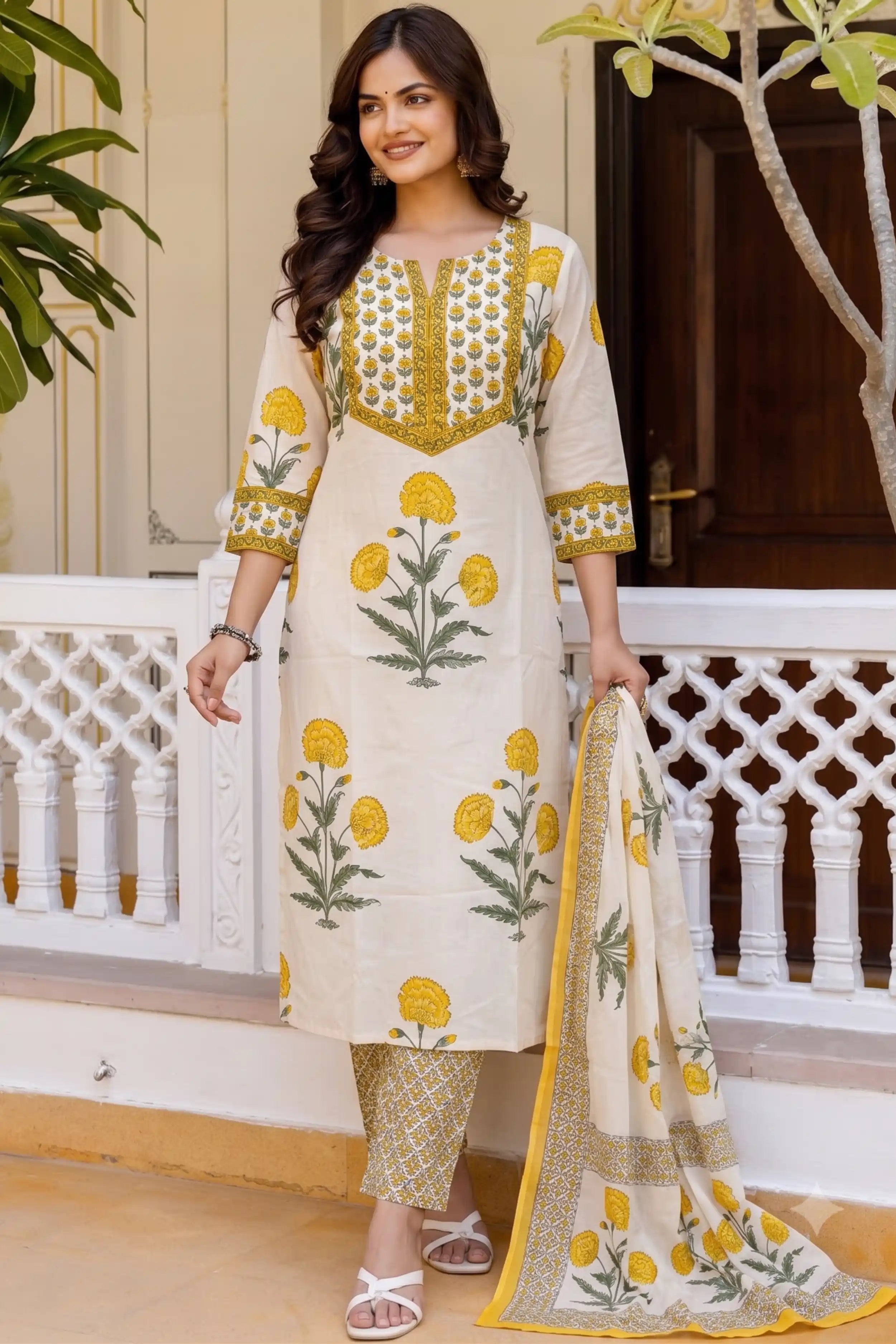 Yellow Straight Kurta Set with Cotton Dupatta