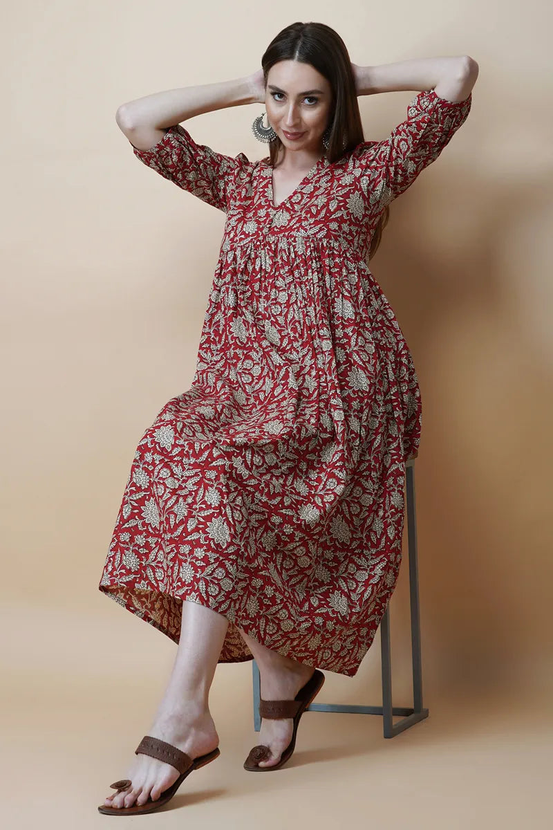 Red Block Printed V-Neck Dress With Flared Hem & Pleated Sleeves