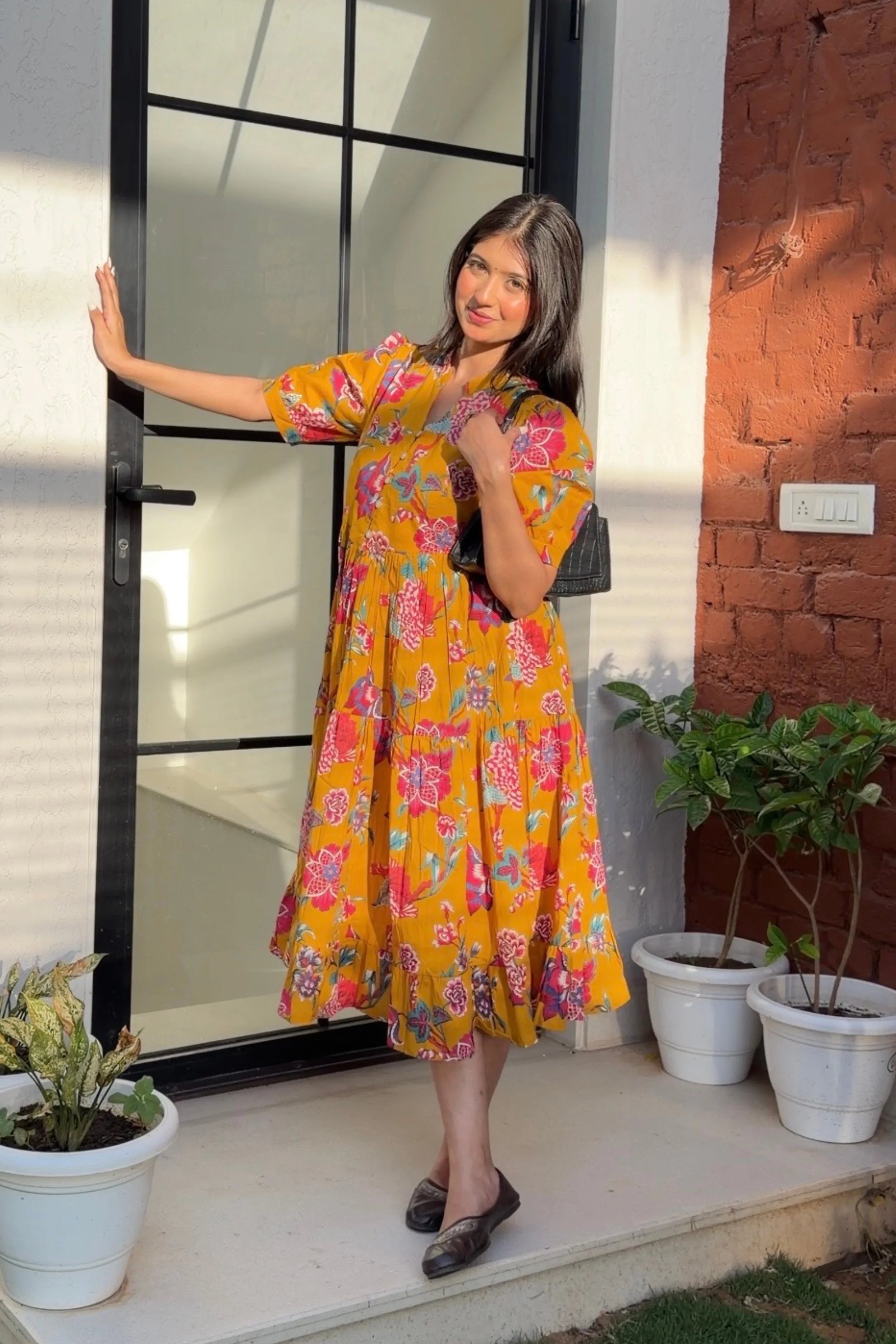 Mustard Floral Printed Tiered Fit & Flare Cinderella Dress