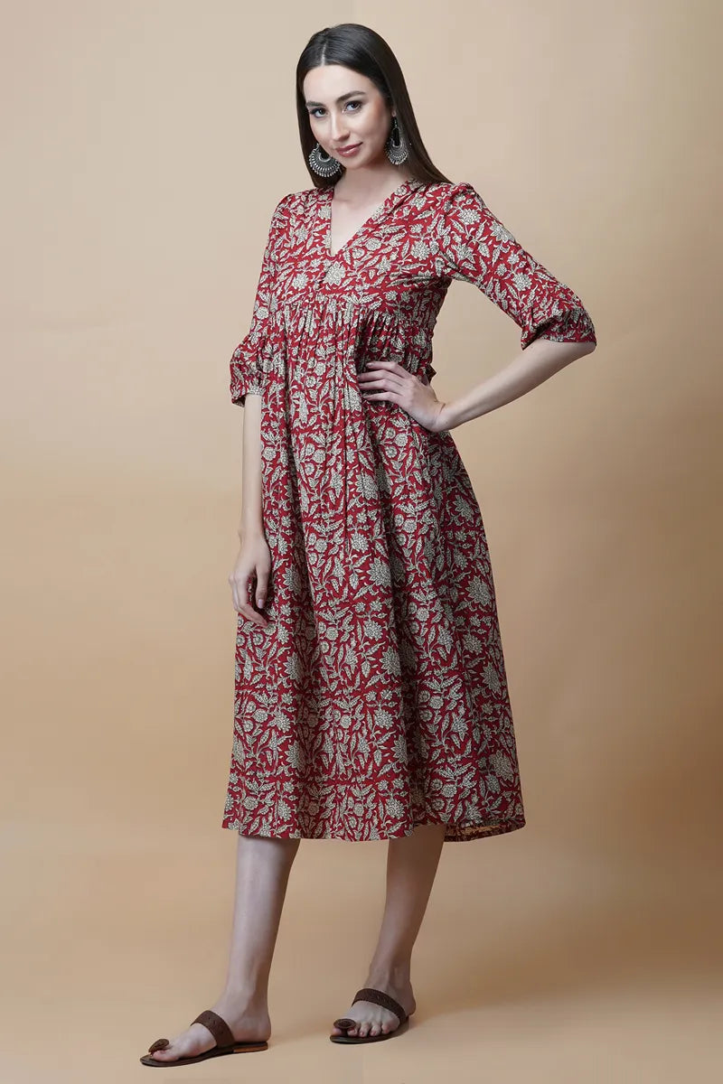 Red Block Printed V-Neck Dress With Flared Hem & Pleated Sleeves