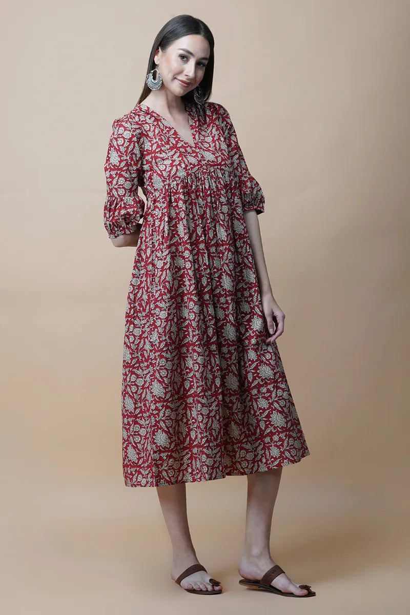 Red Block Printed V-Neck Dress With Flared Hem & Pleated Sleeves
