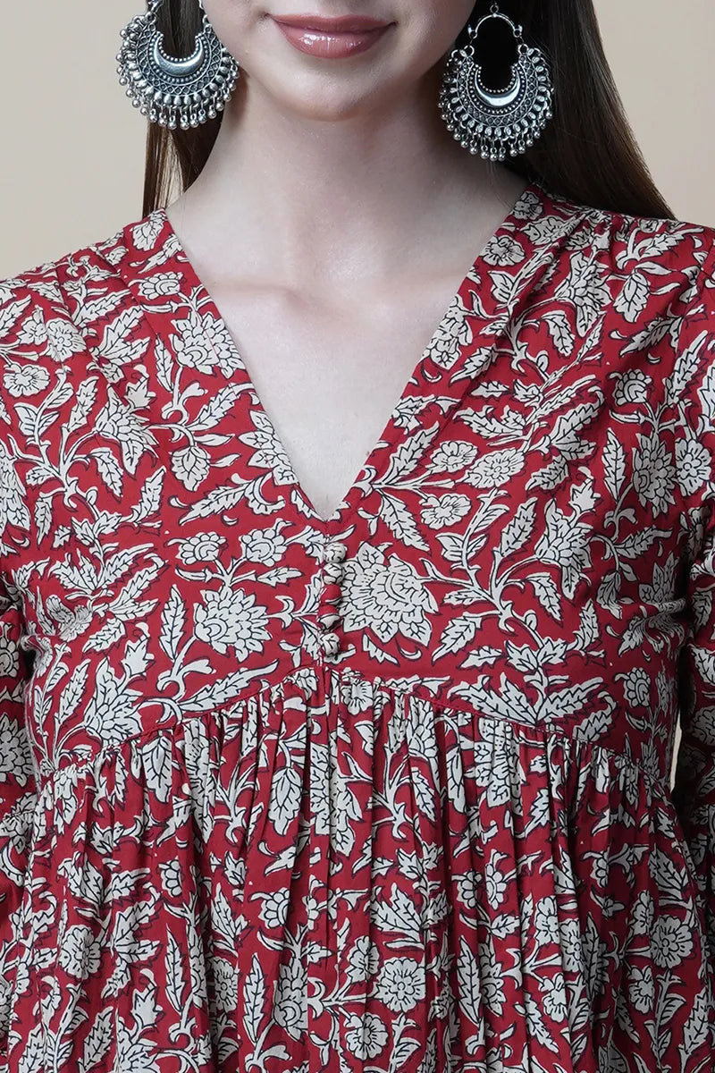 Red Block Printed V-Neck Dress With Flared Hem & Pleated Sleeves