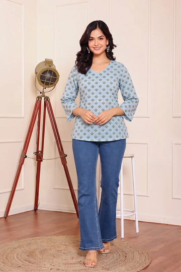 Blue Hand Printed Short Kurti