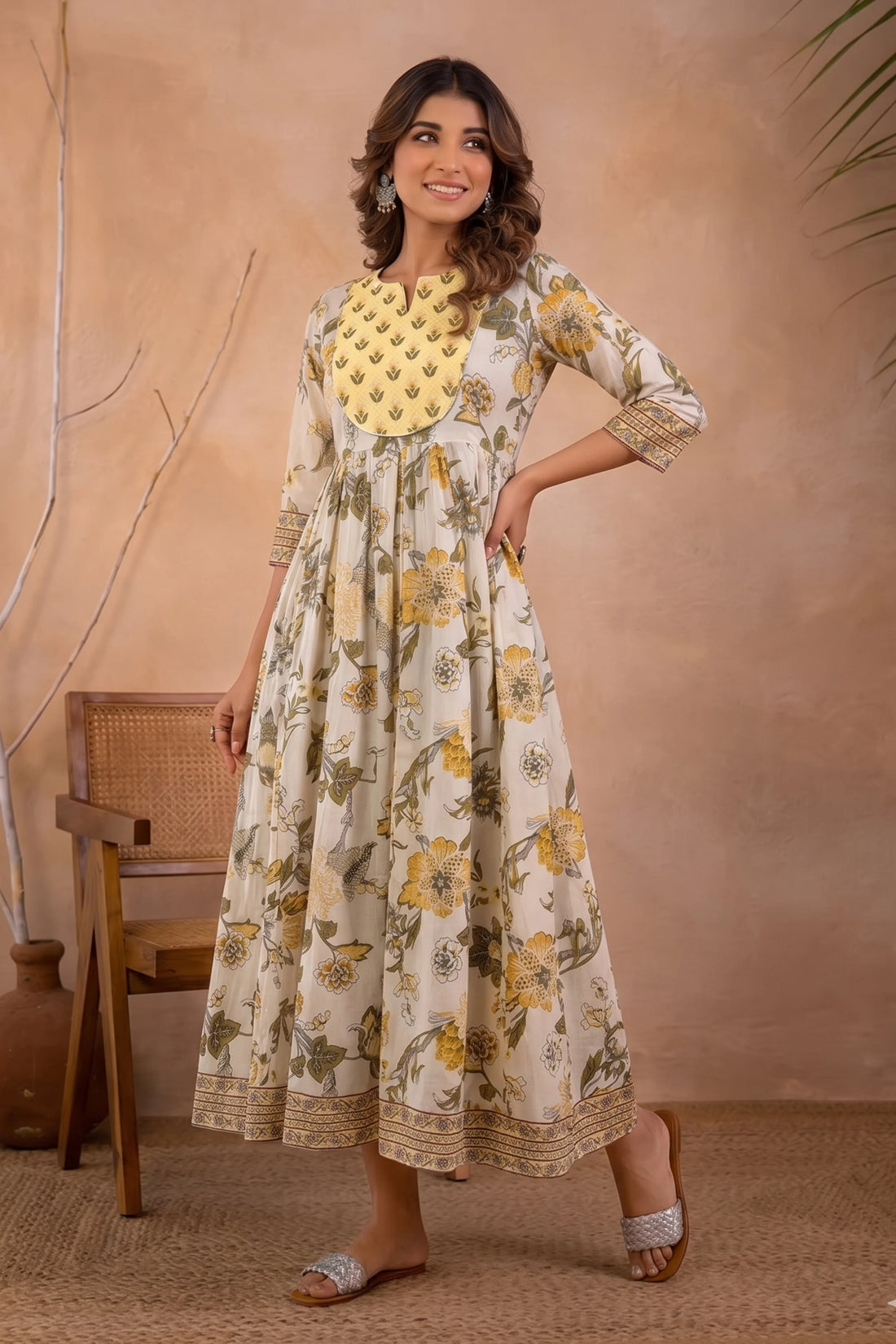 Yellow Hand Printed Anarkali Kurta