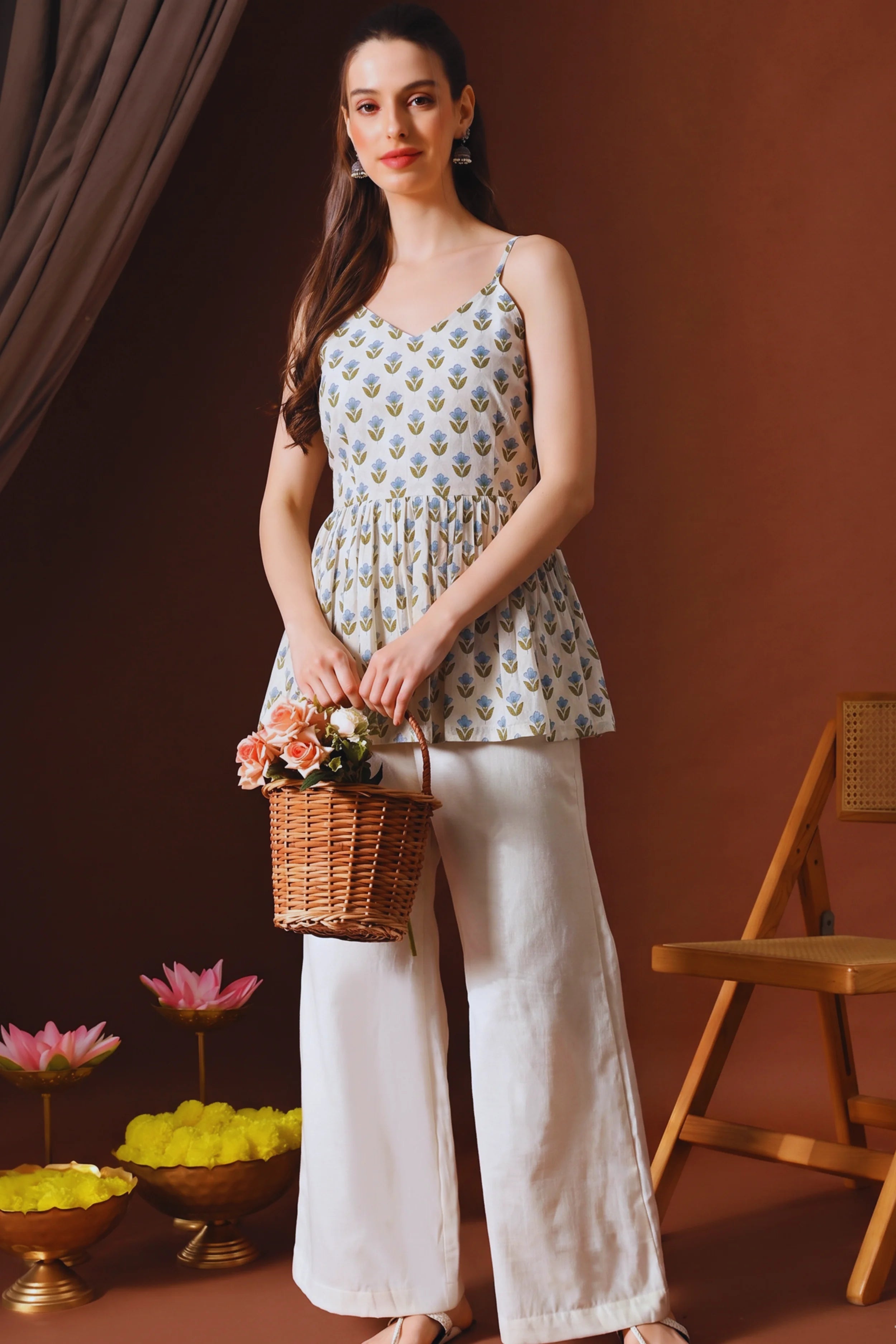 Blue Floral Hand Printed Cotton Spaghetti Top with Lining
