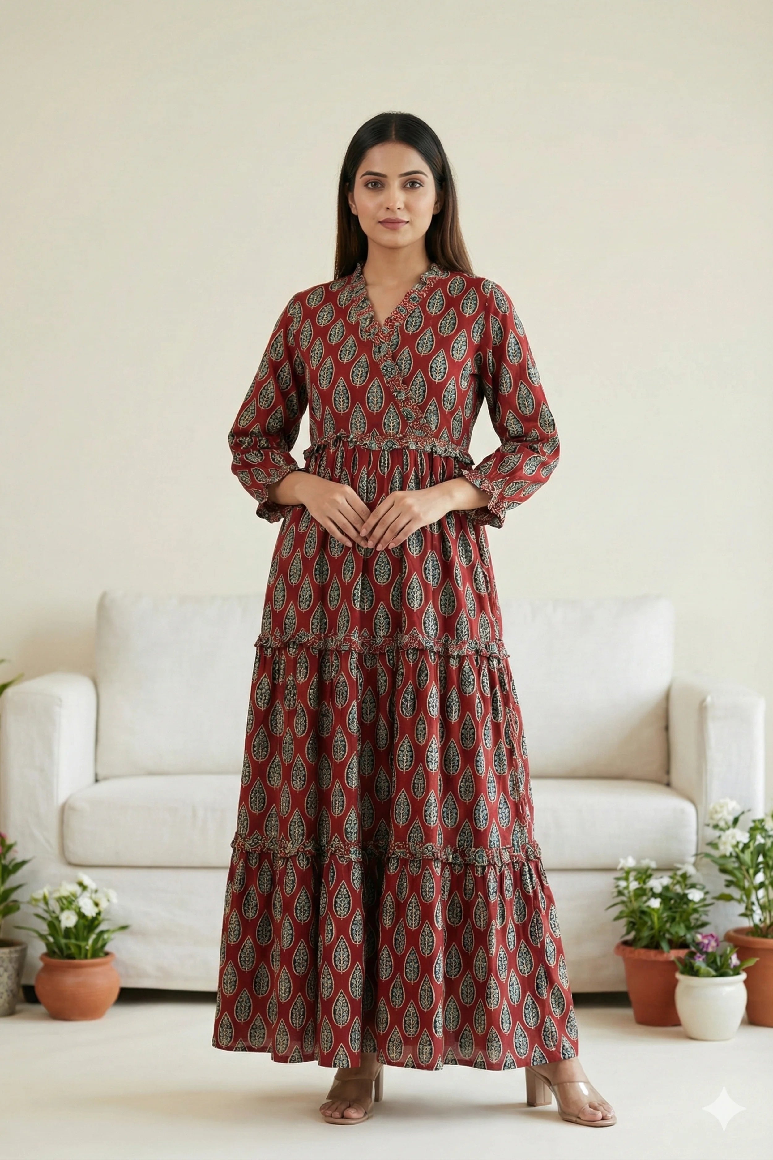 Red Hand Printed Tiered Maxi Dress