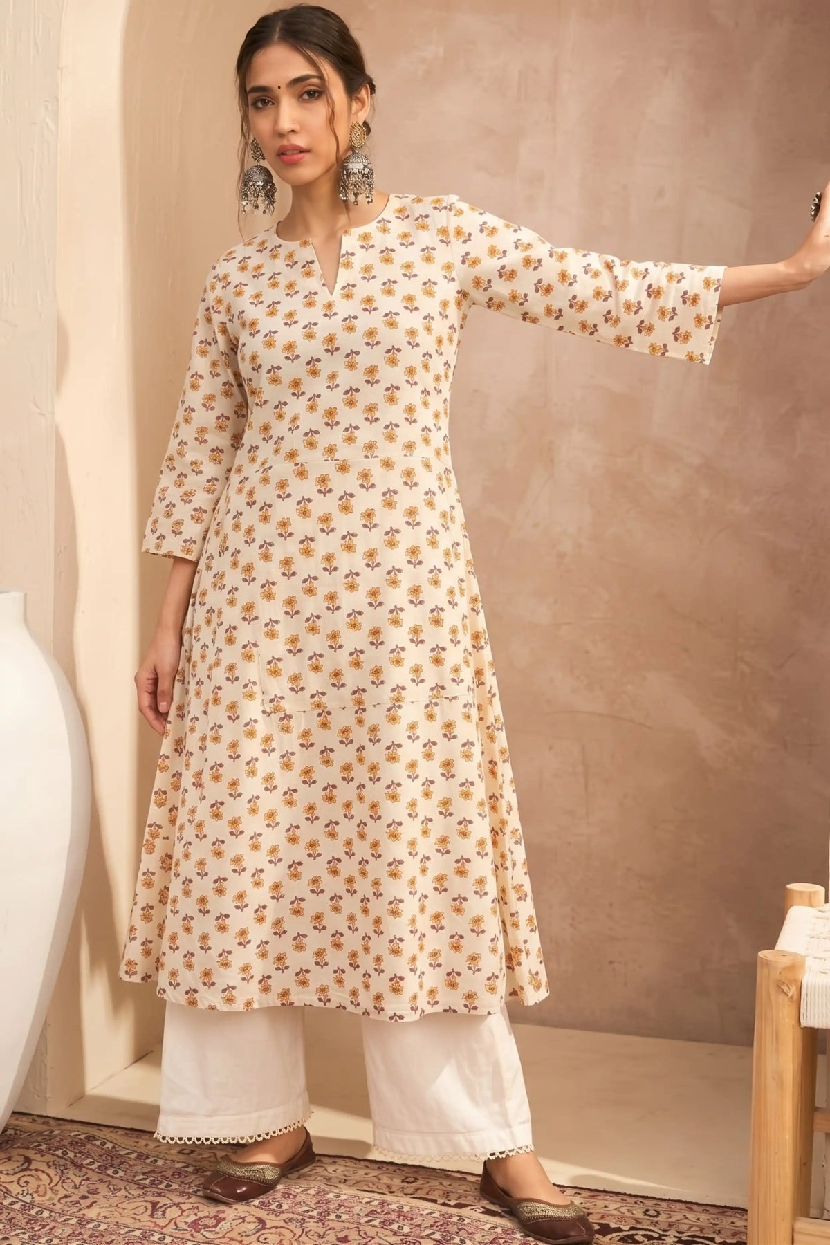 Cream Yellow A line kurta With Pocket