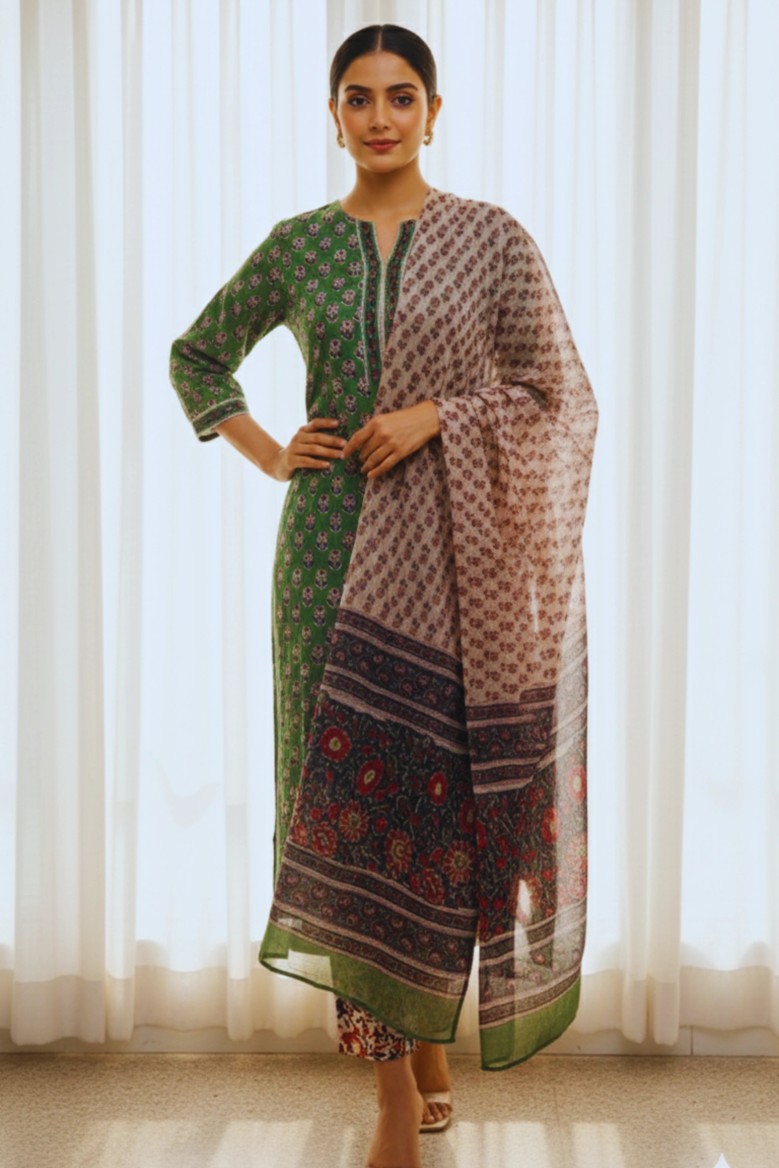Green Hand Block Printed Straight cotton Kurta Set with Dupatta