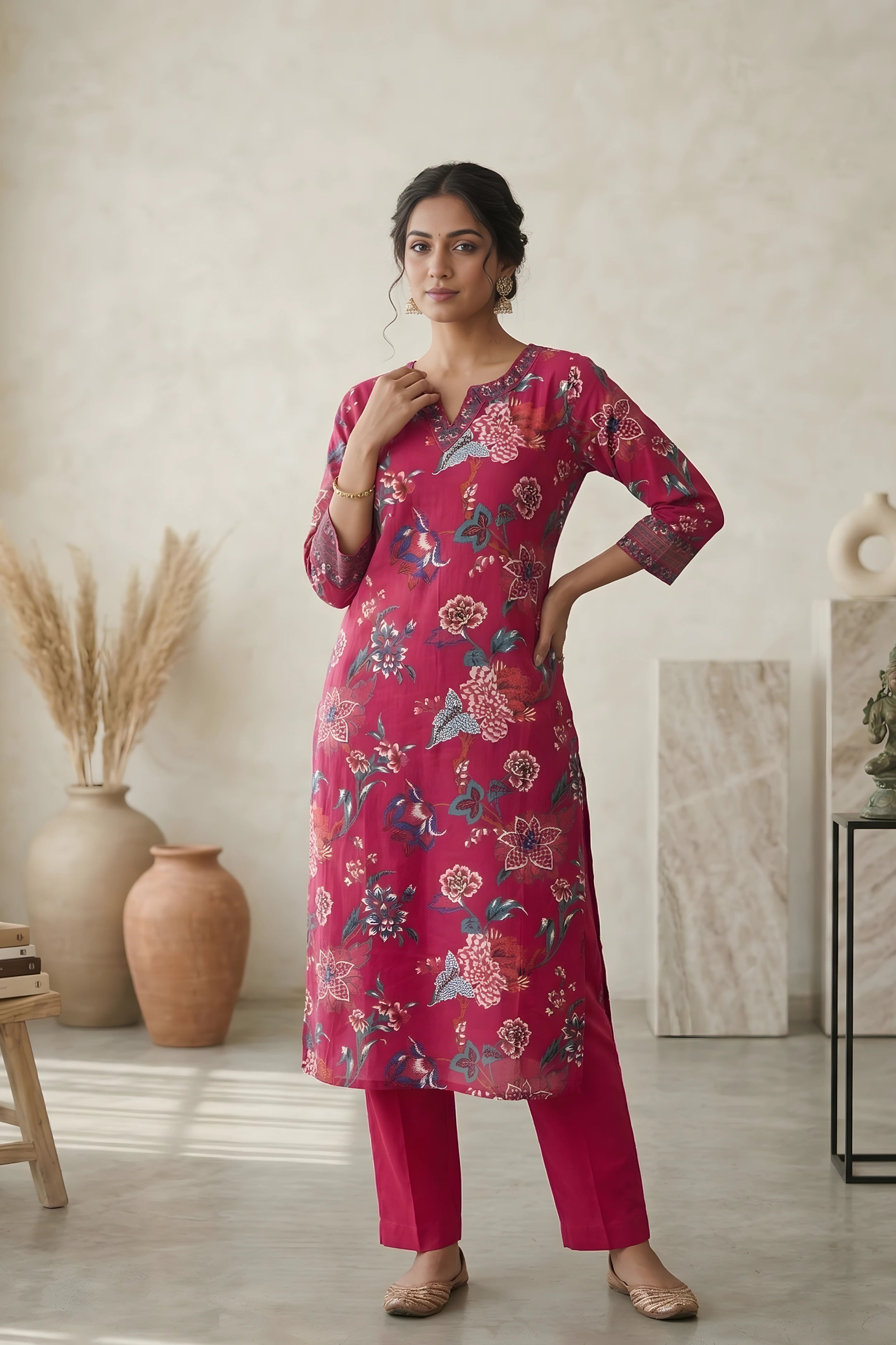Pink Floral Hand Printed Corset Back Straight Kurta