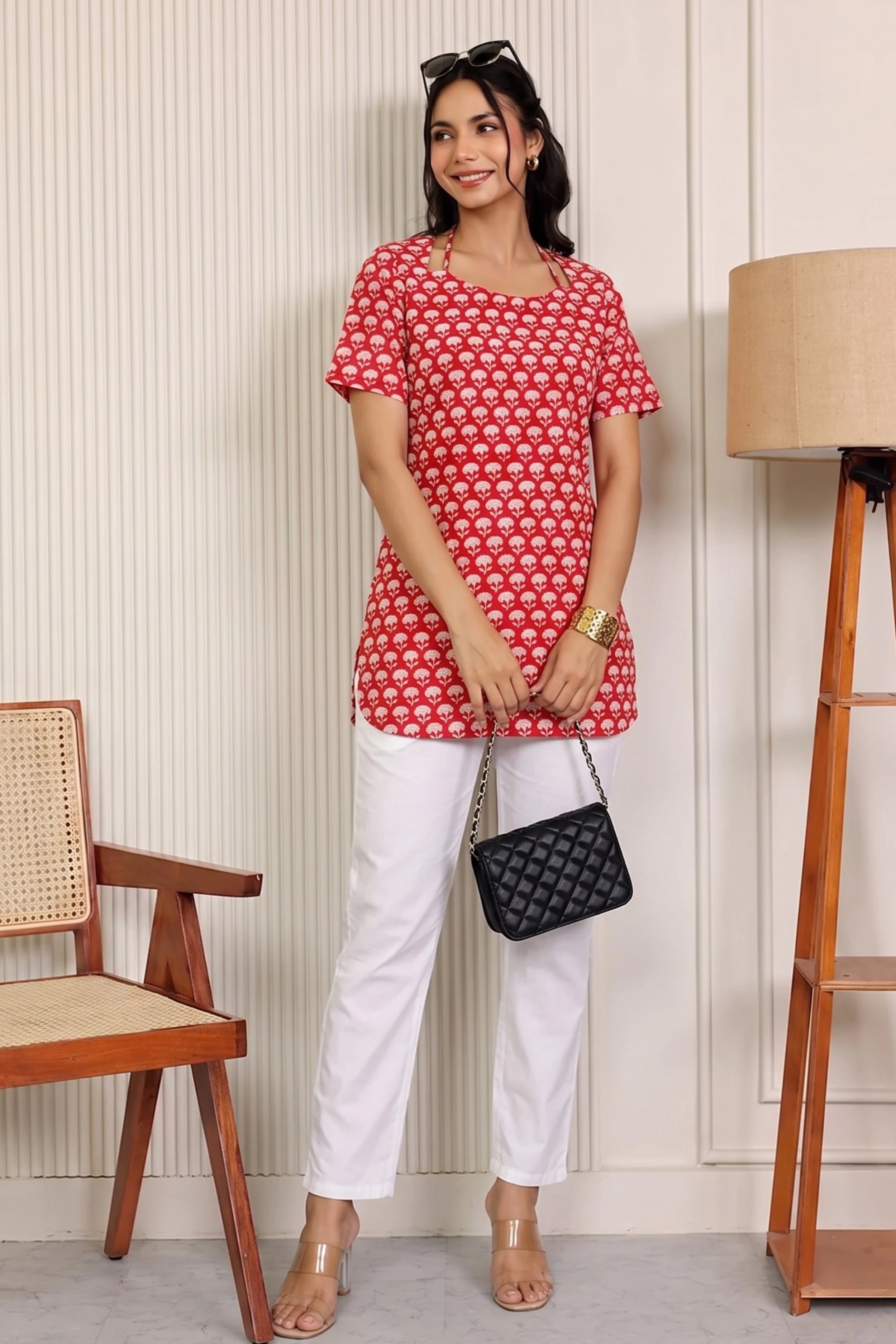 Red Hand Block Printed Cotton Top with Round Neck & Adjustable Back Corset Detail