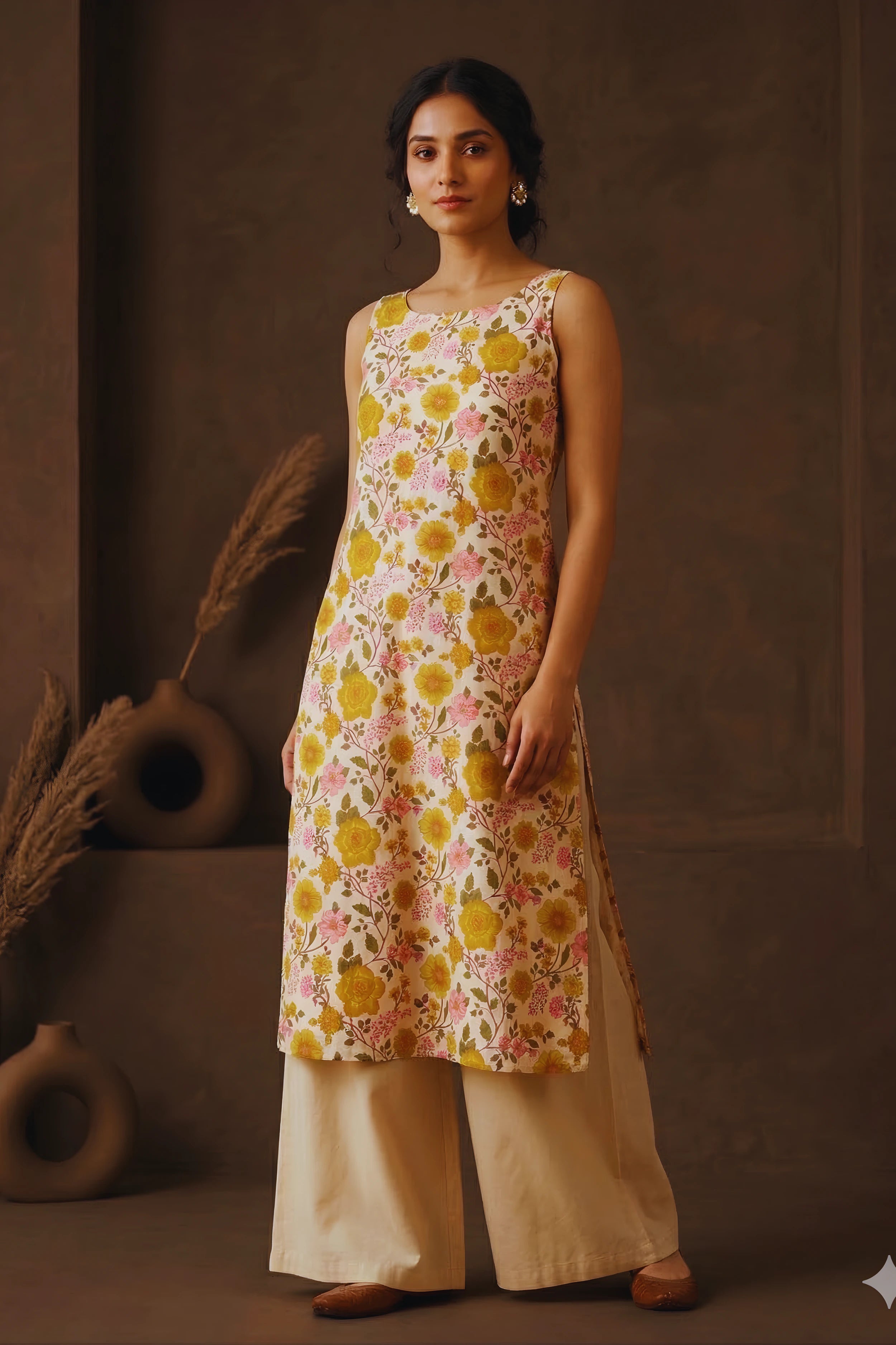 Yellow Hand Printed Sleeveless Straight Kurta