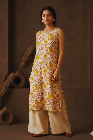 Yellow Hand Printed Sleeveless Straight Kurta