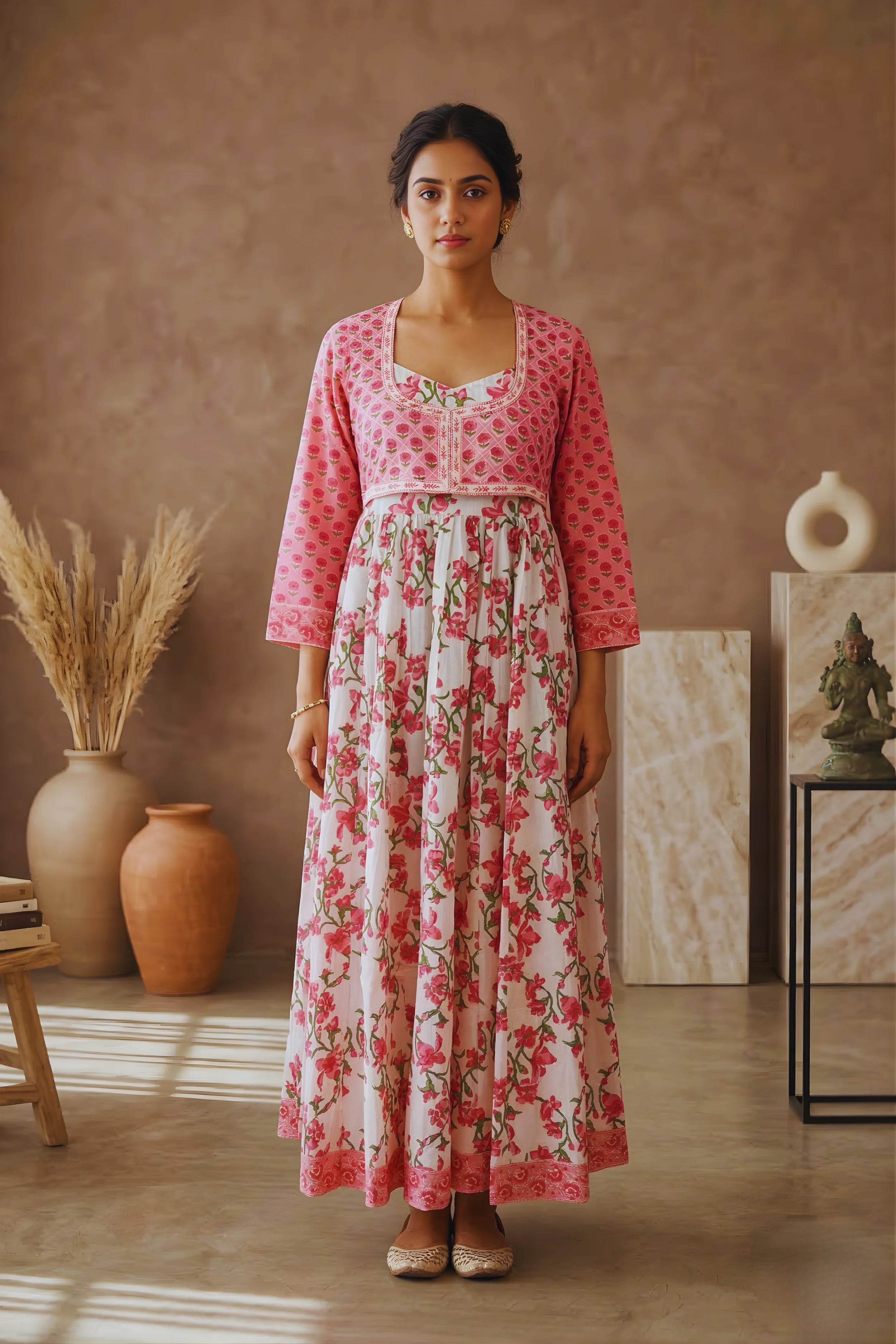 Baby Pink Hand Block Floral Printed Anarkali Maxi Kurta