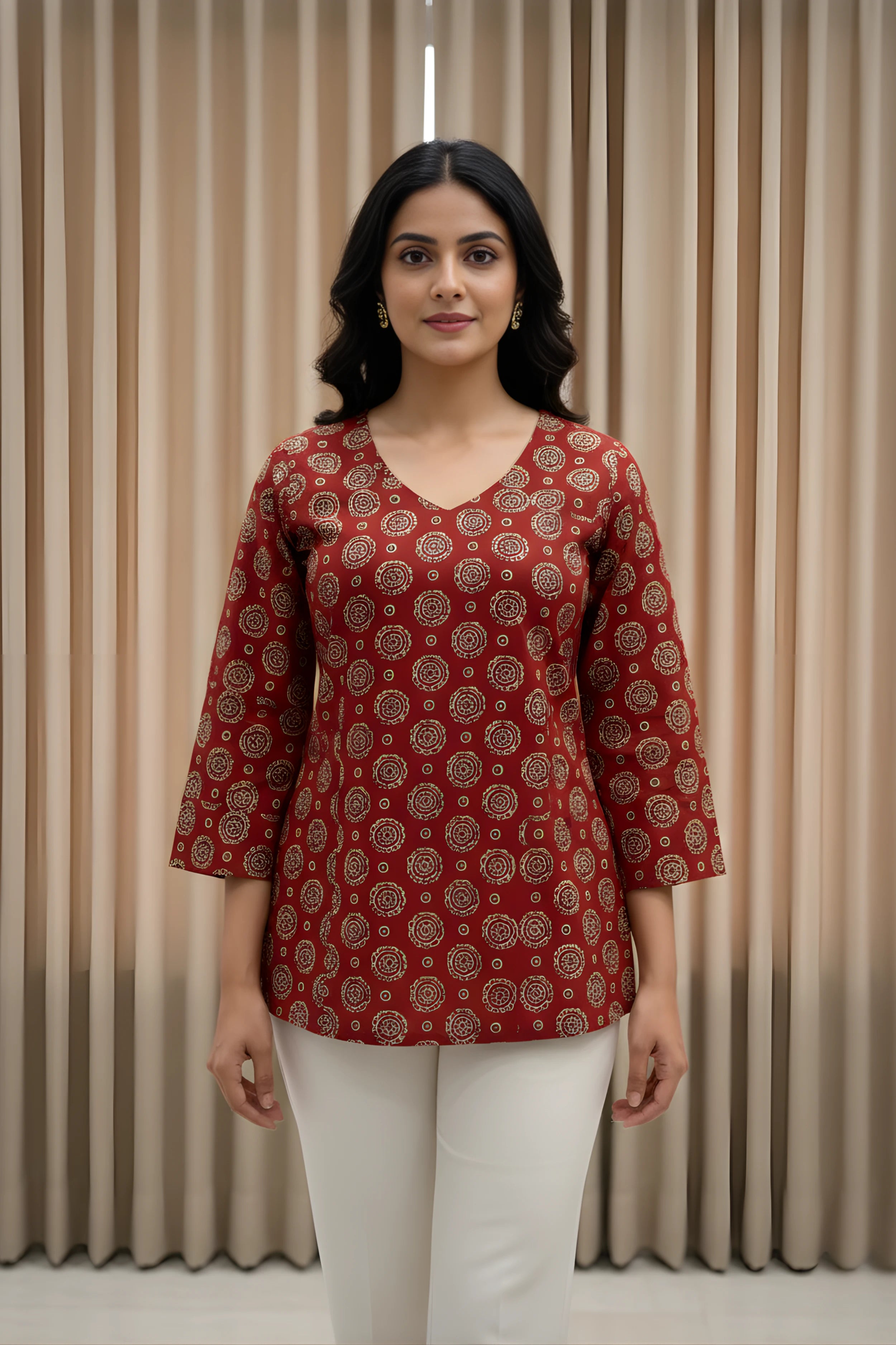 Red Hand Printed Short Kurti
