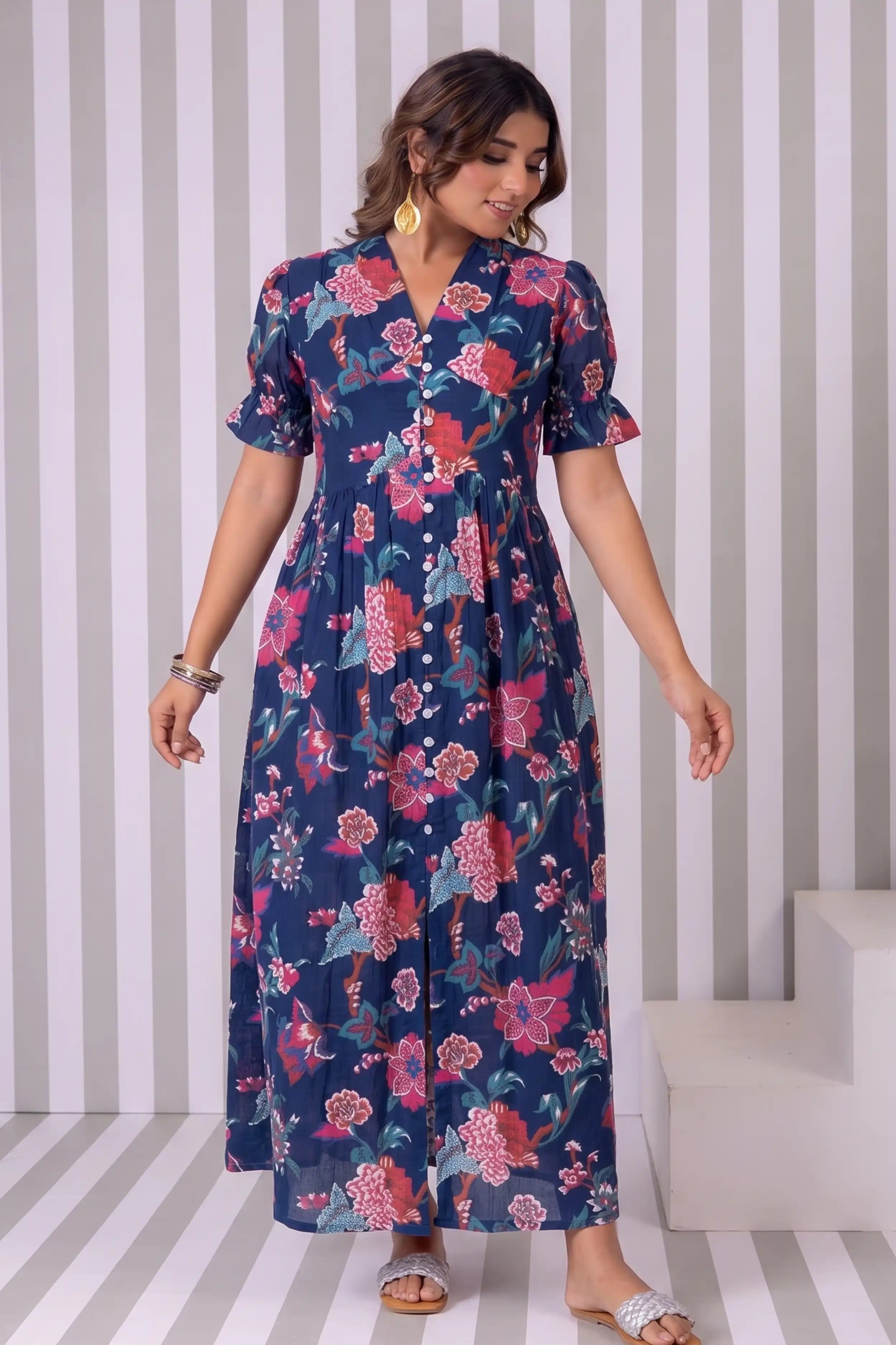 Blue Hand Printed V-Neck Front-Open Long Dress