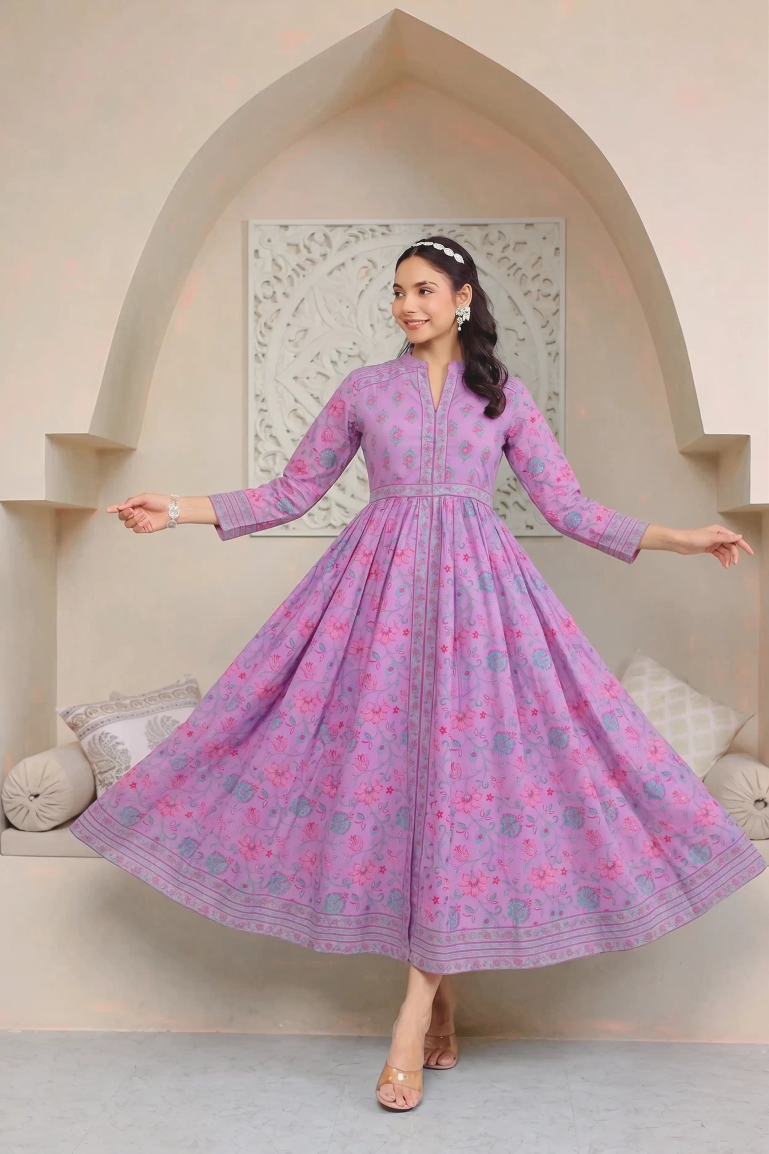 Purple Anarkali Cotton Hand Block Printed Ethnic Maxi Dress