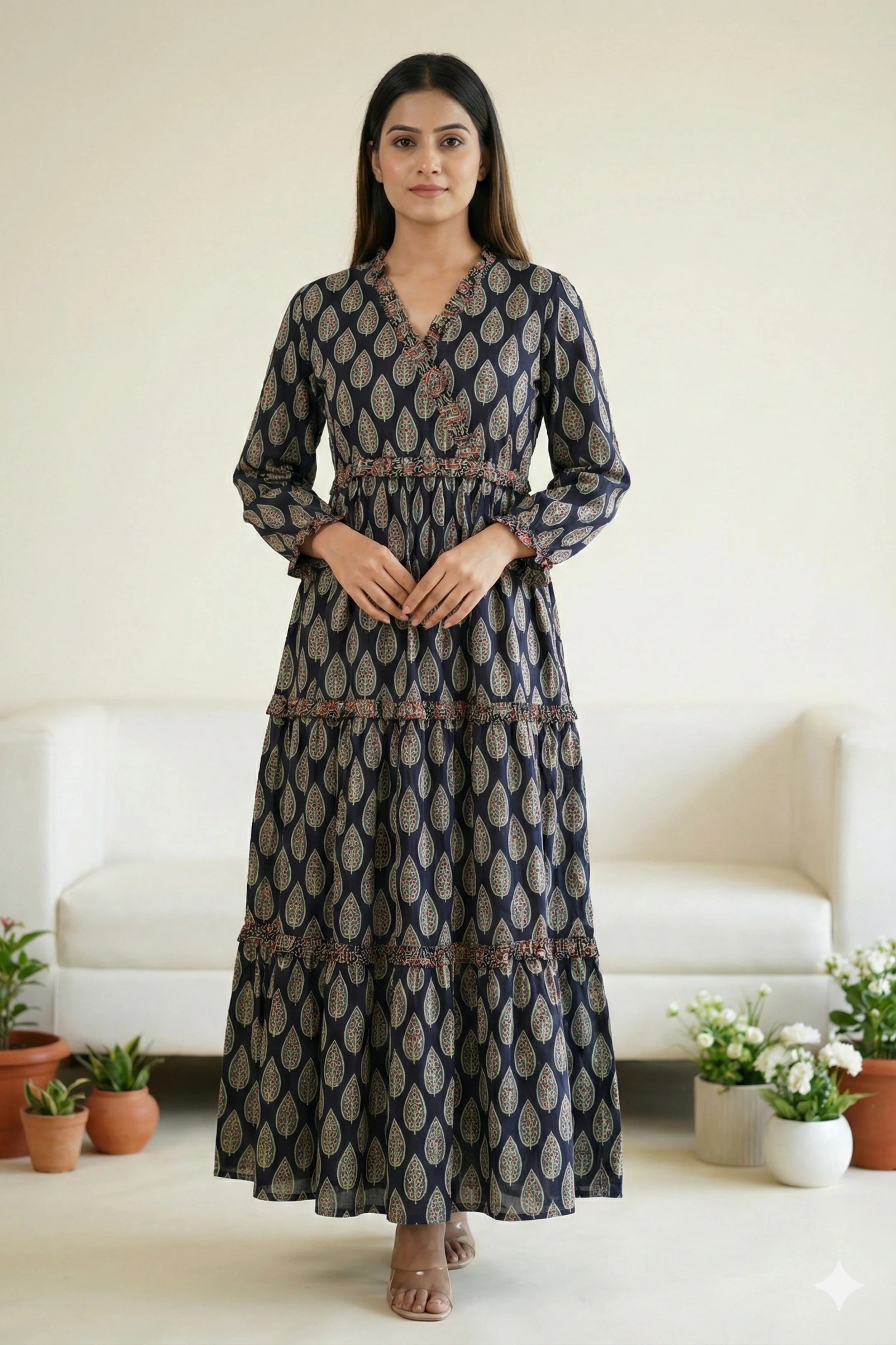 Black Hand Printed Tiered Maxi Dress