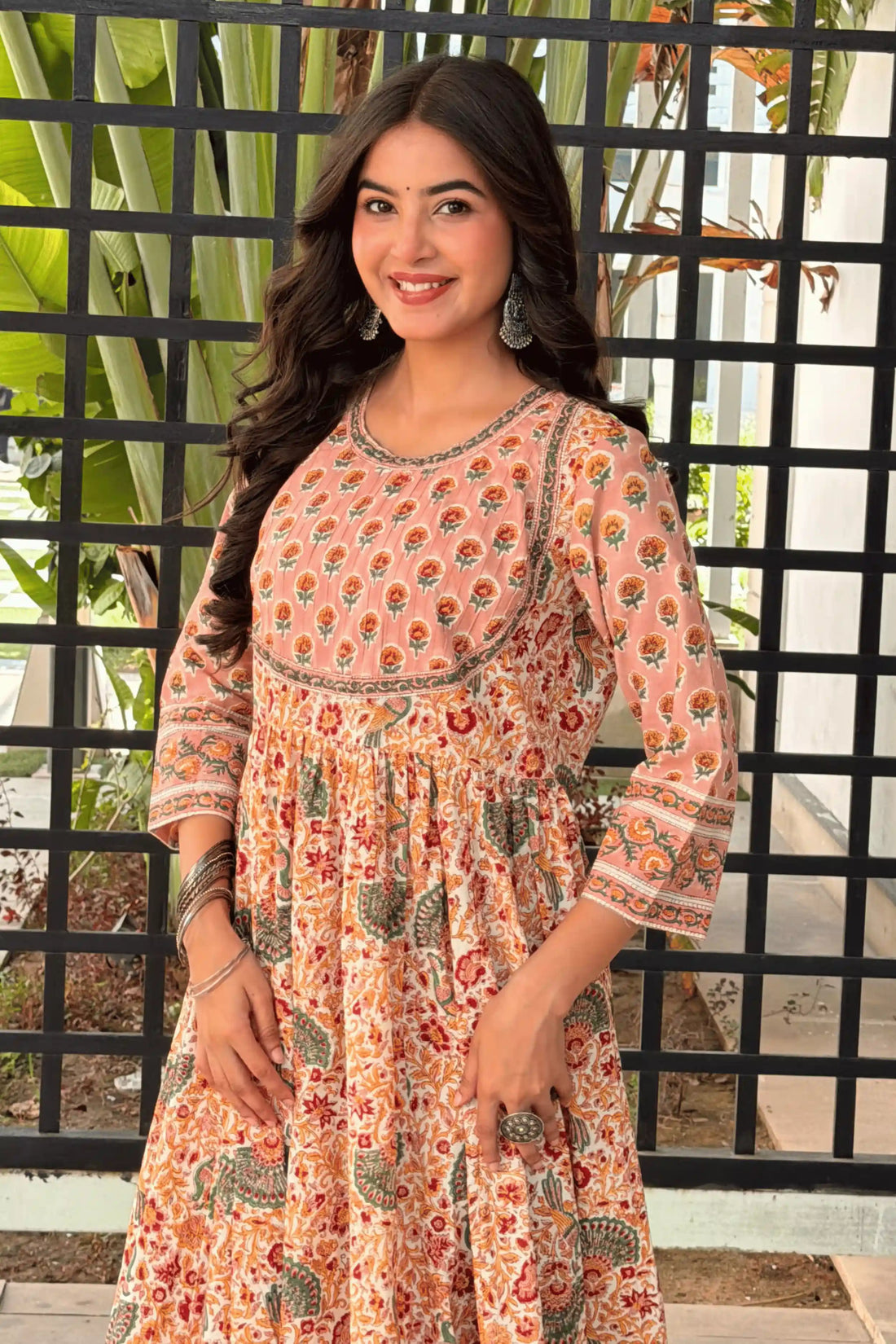 Peach Hand Block Printed Anarkali Dress with Peacock Motifs