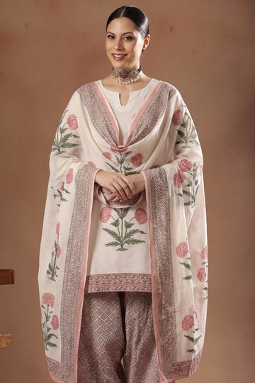 Peach Blue Floral Print Pure Cotton Farsi Salwar Set With Cotton Dupatta