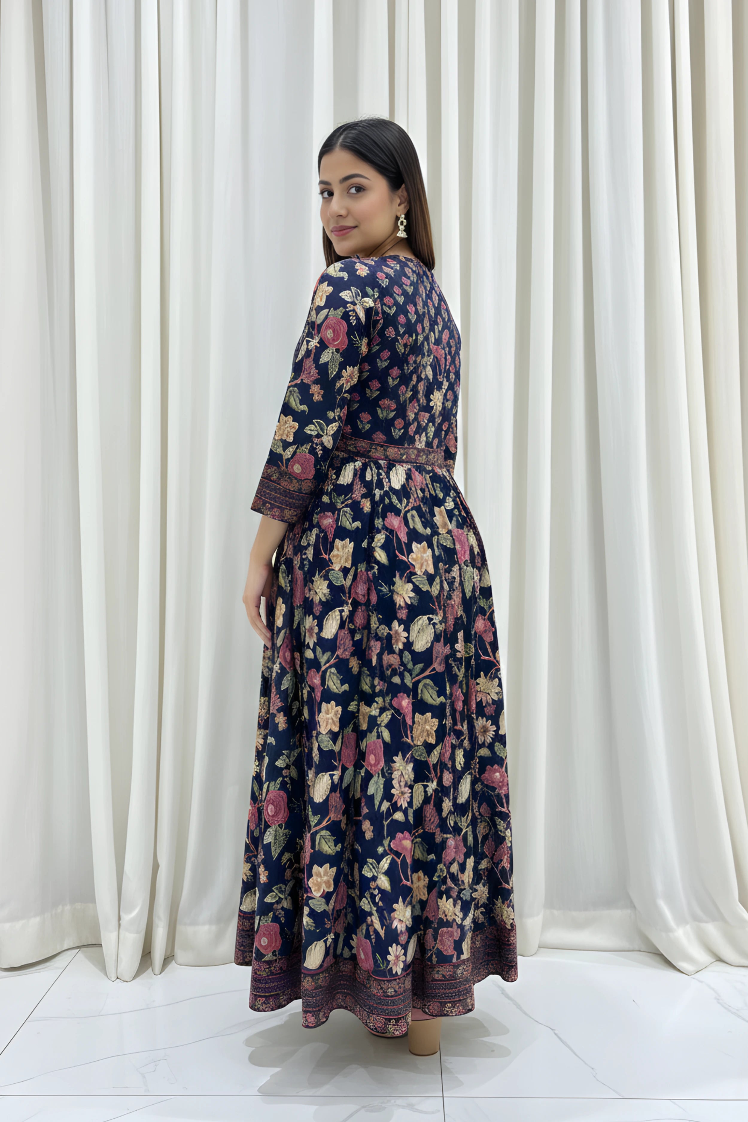 Blue Flared Anarkali Cotton Kurta with Floral Print