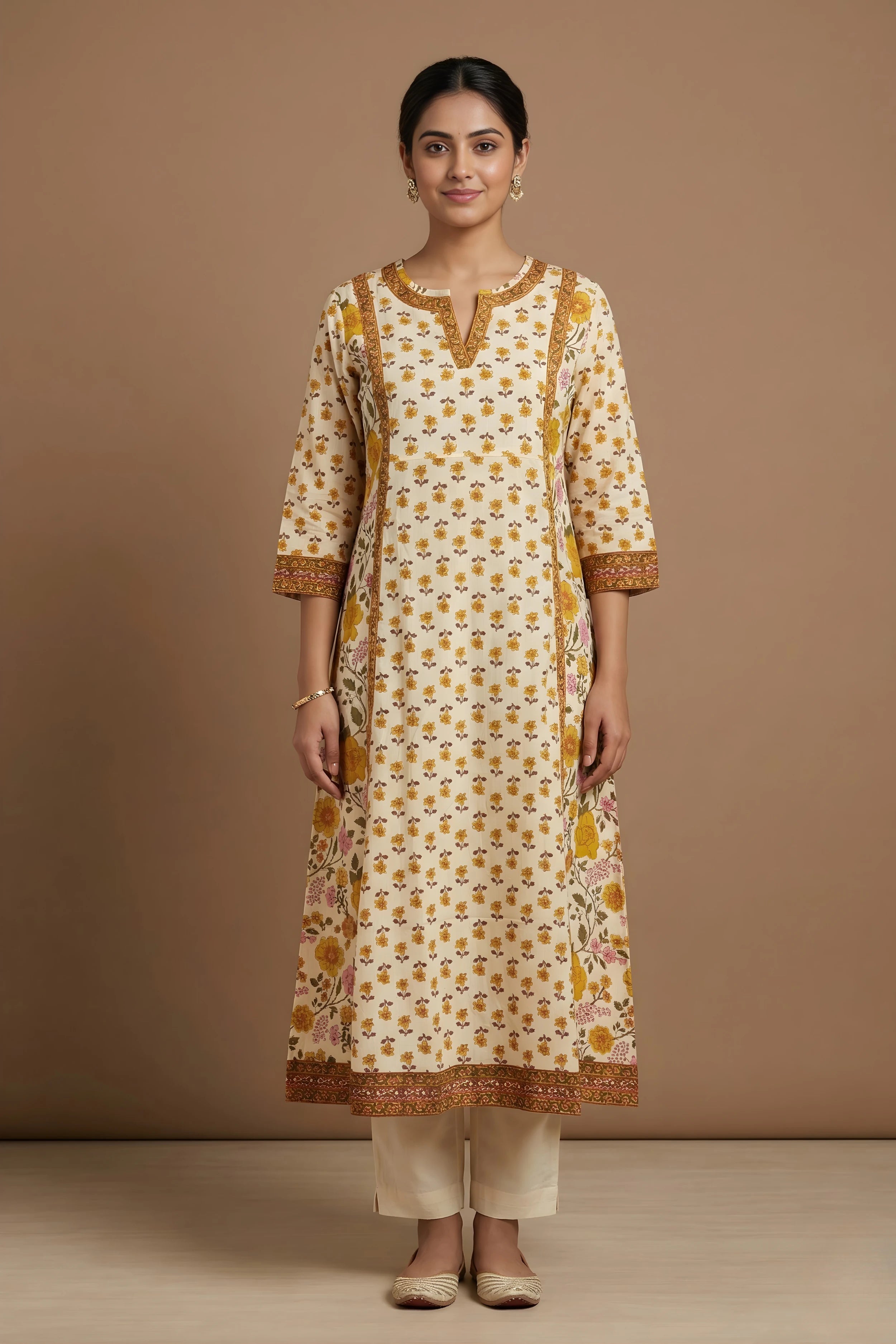 Yellow Hand Printed A-line Kurta