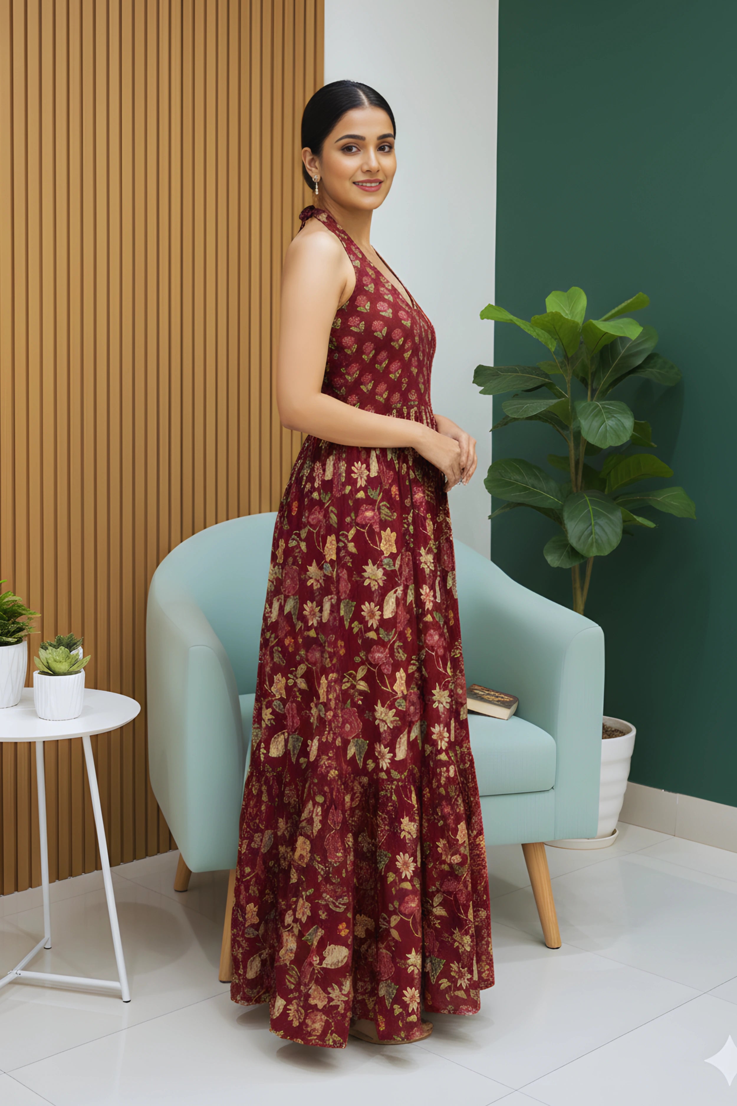 Wine Floral Hand Printed Halter Maxi Dress