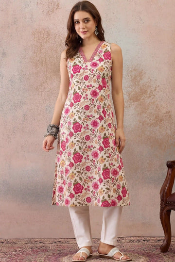 Pink V-Neck Sleeveless A line kurta With Pocket
