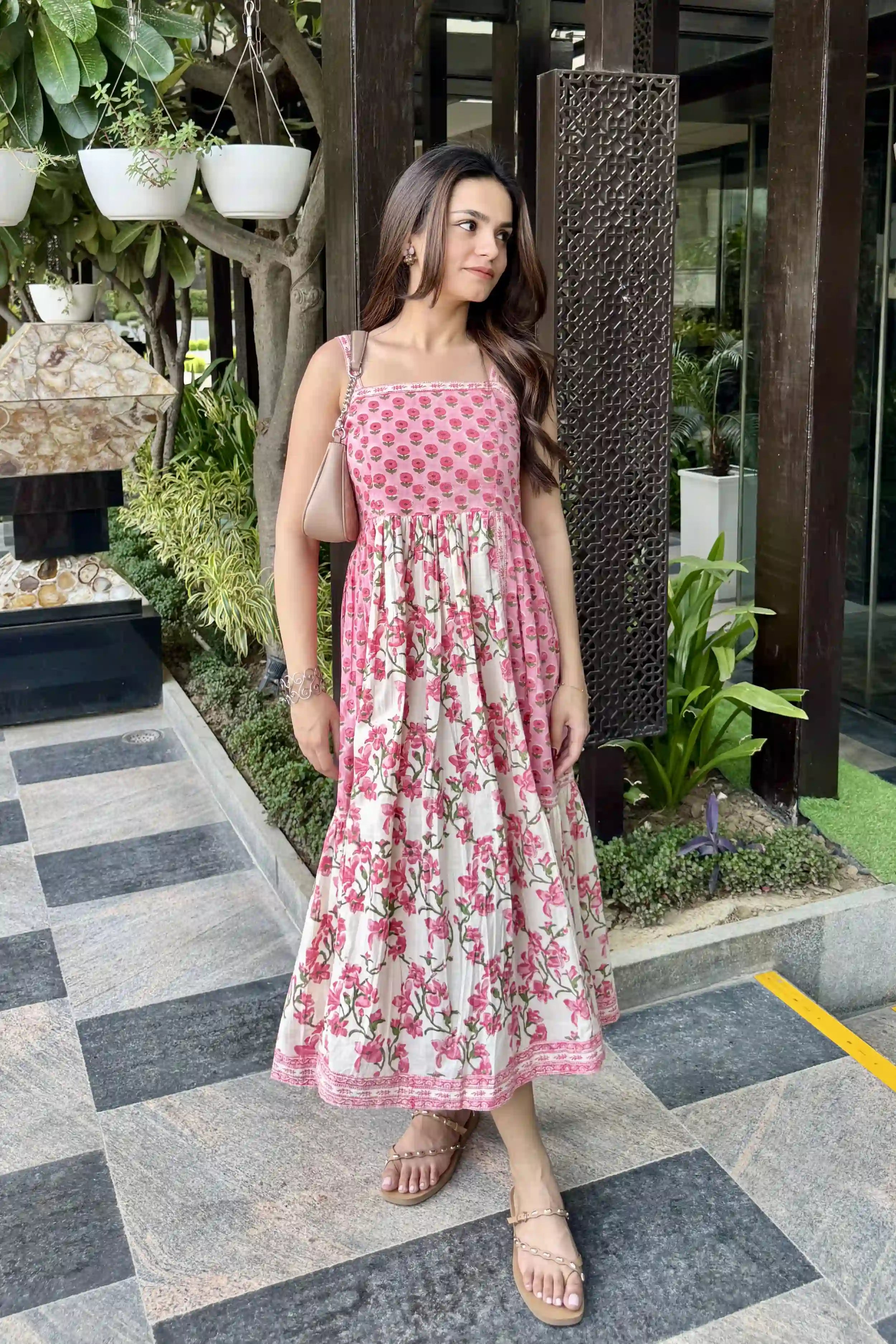 Blush Pink Hand Block Floral Printed Sleeveless Tiered Midi Dress