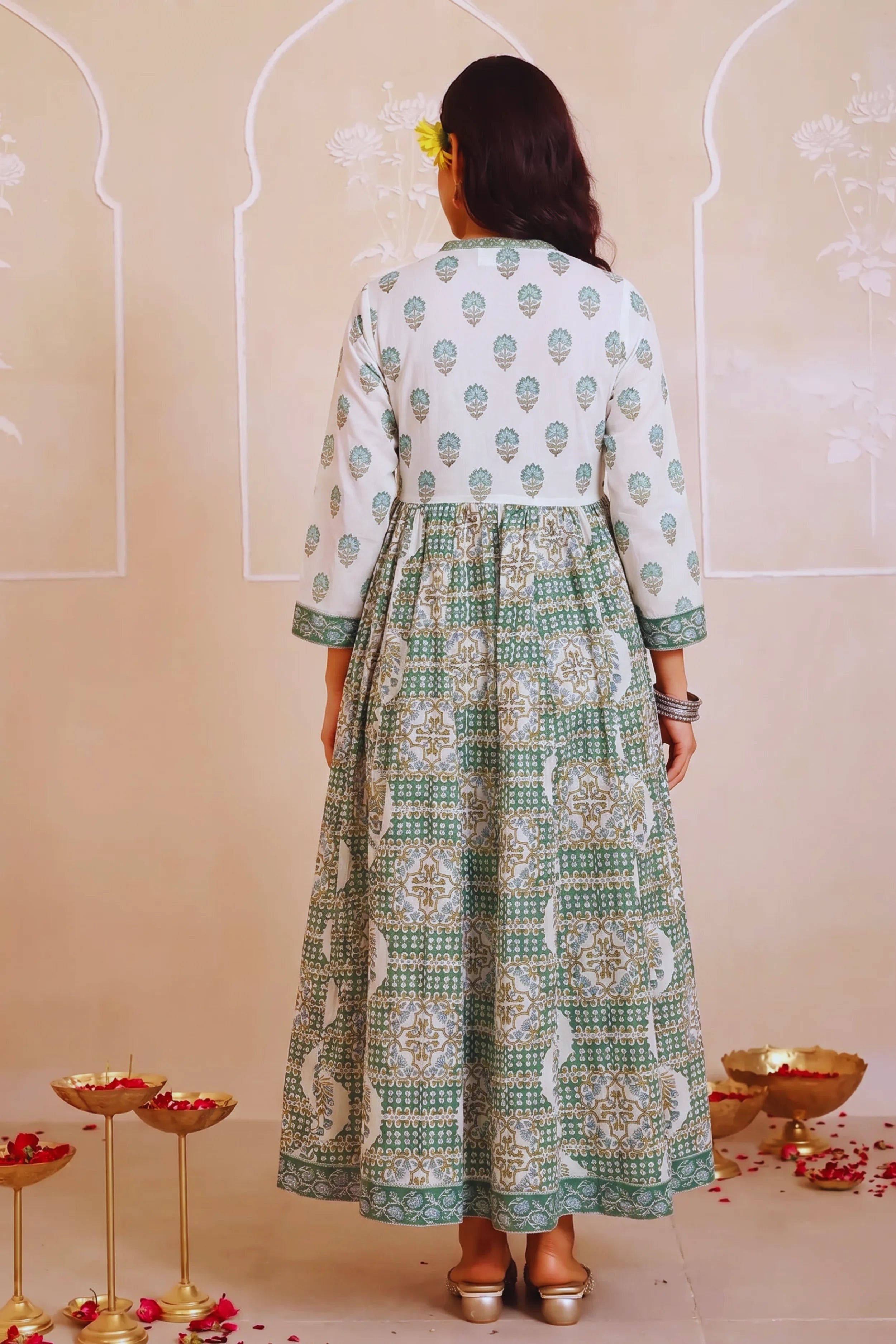 Light Green Hand Block Floral Printed Anarkali Maxi Kurta