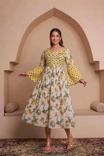 Yellow Hand Printed Floral Midi Dress with Square Neck