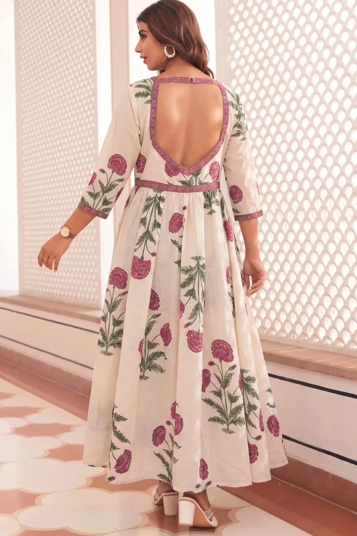 Pink Hand-Printed Anarkali Maxi Dress