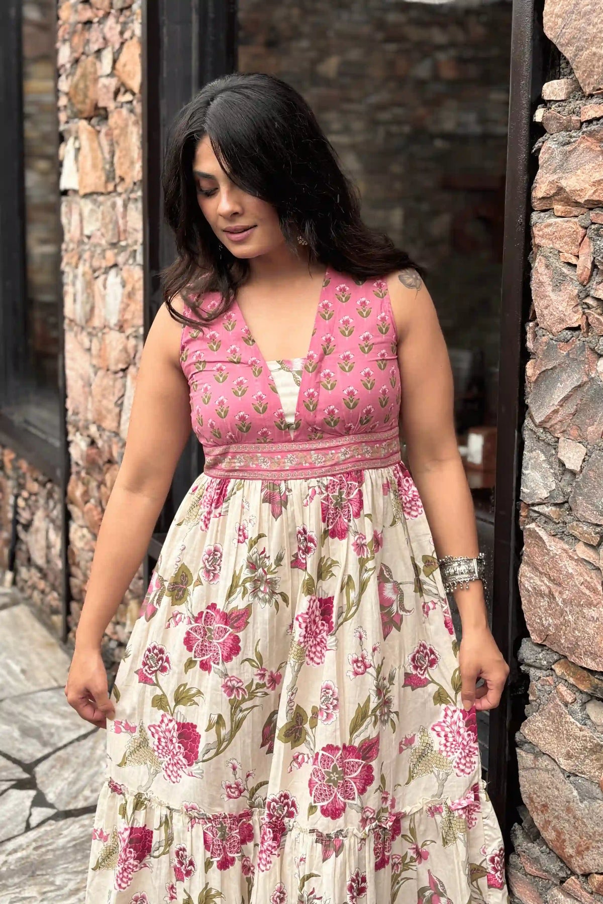 Light Pink Floral Hand Printed Cotton Sleeveless Dress