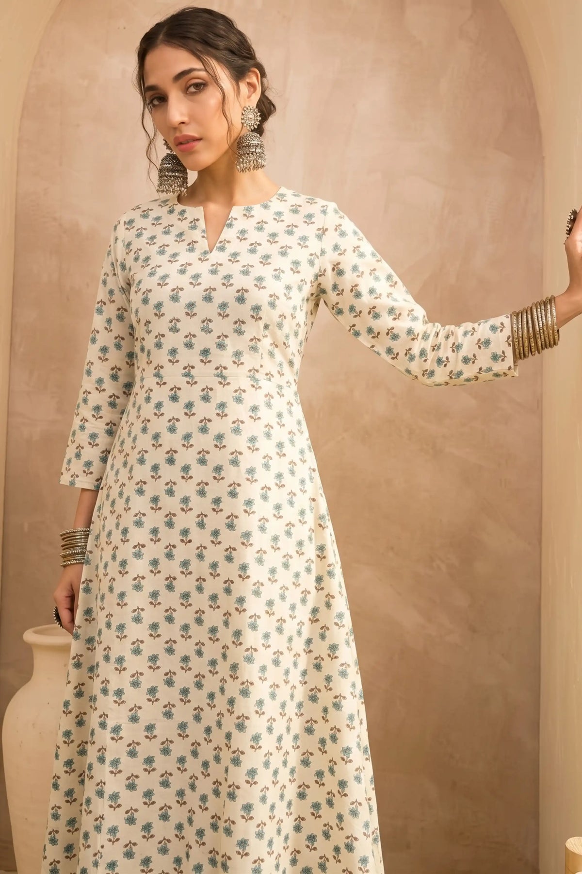 Cream Green A line kurta With Pocket