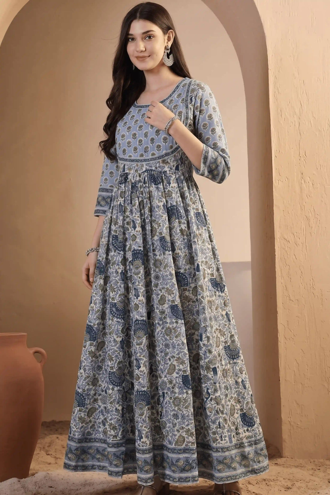 Blue Hand Block Printed Anarkali Dress with Peacock Motifs
