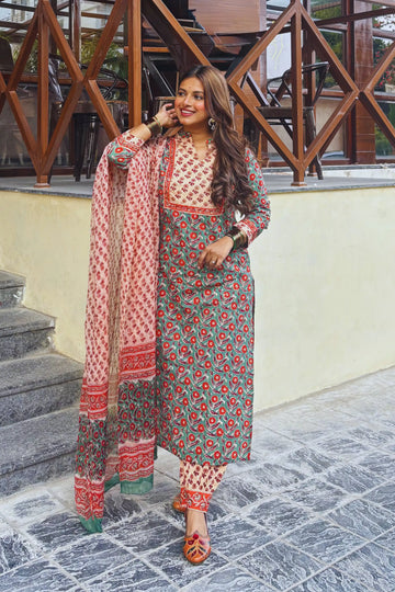 Sage Green Hand Block Kurta Set with Chiffon Dupatta