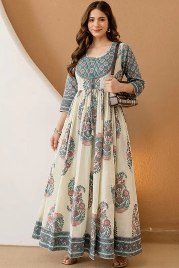 Sea Green Hand Block Floral Printed Anarkali Maxi Dress