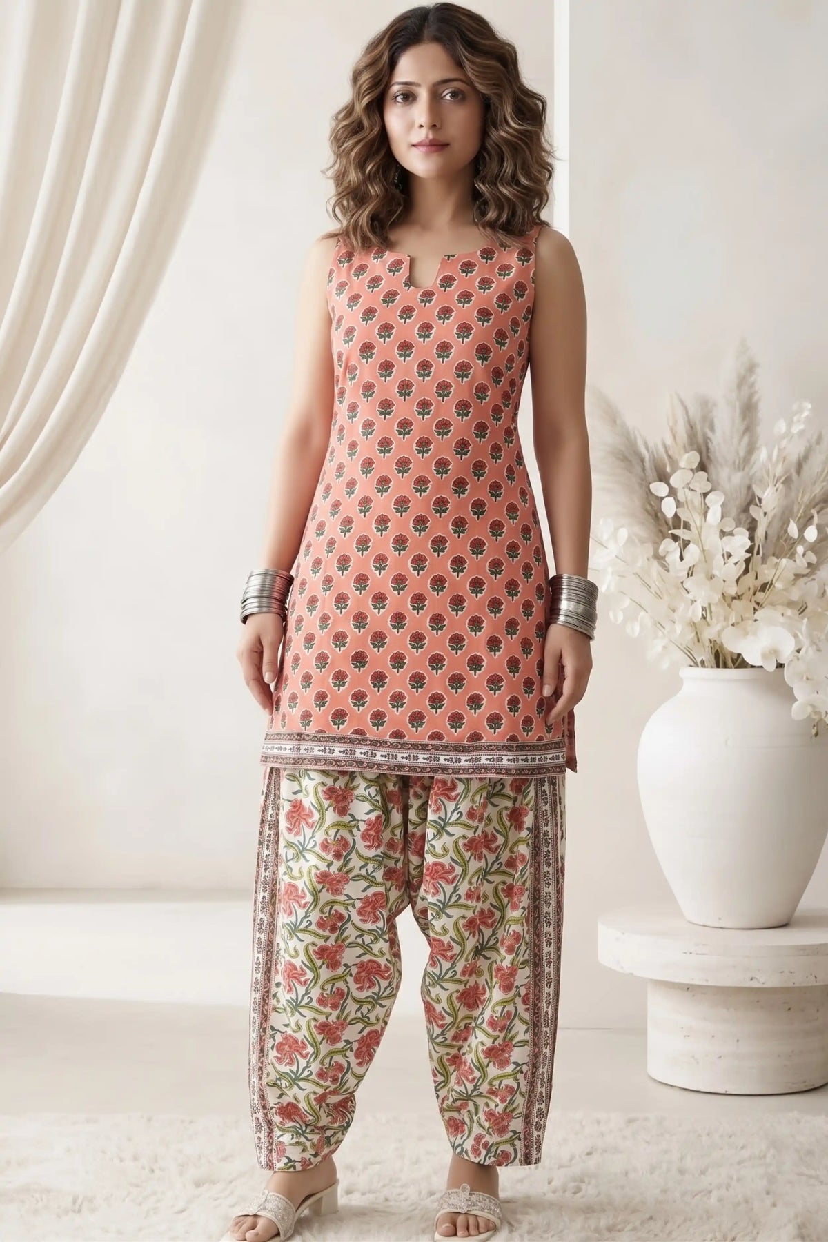 Orange Sleeveless Round Neck Kurti with Trouser