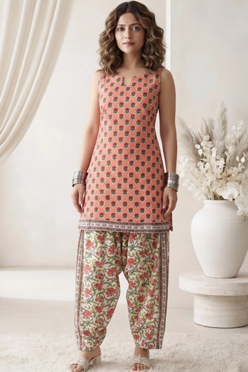Orange Sleeveless Round Neck Kurti with Trouser