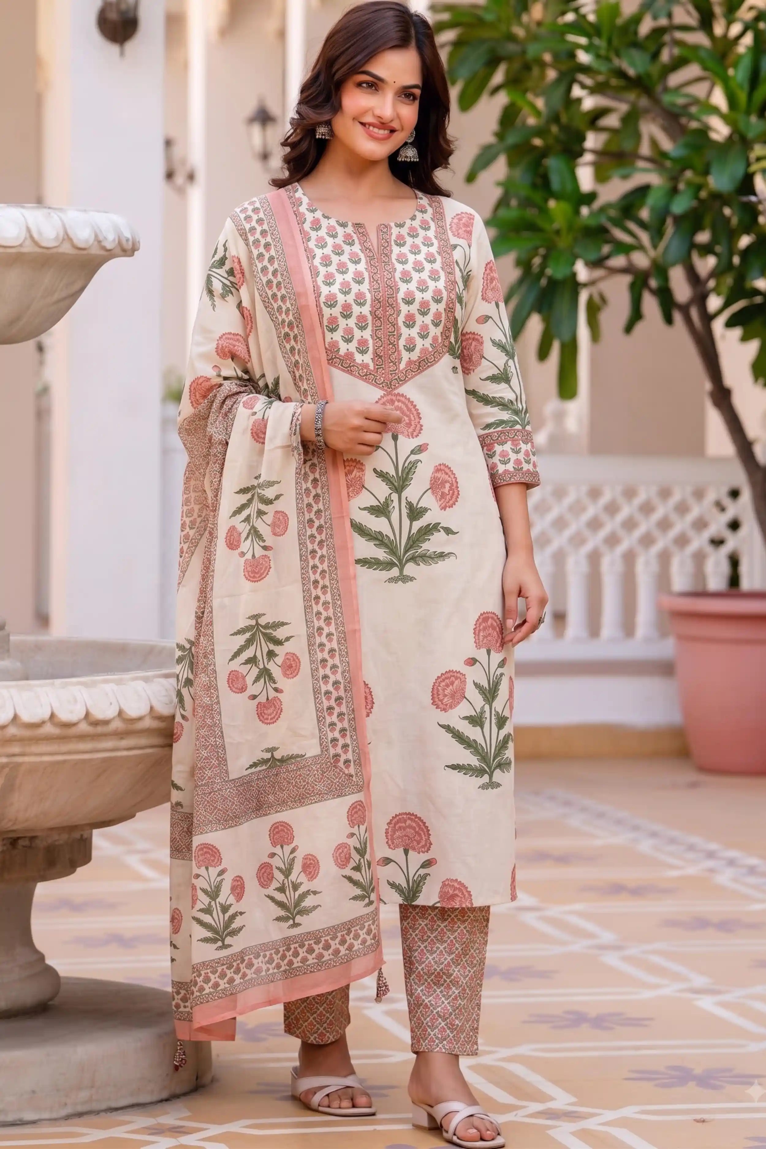 Peach Straight Kurta Set with Cotton Dupatta