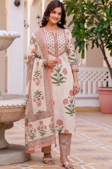 Peach Straight Kurta Set with Cotton Dupatta