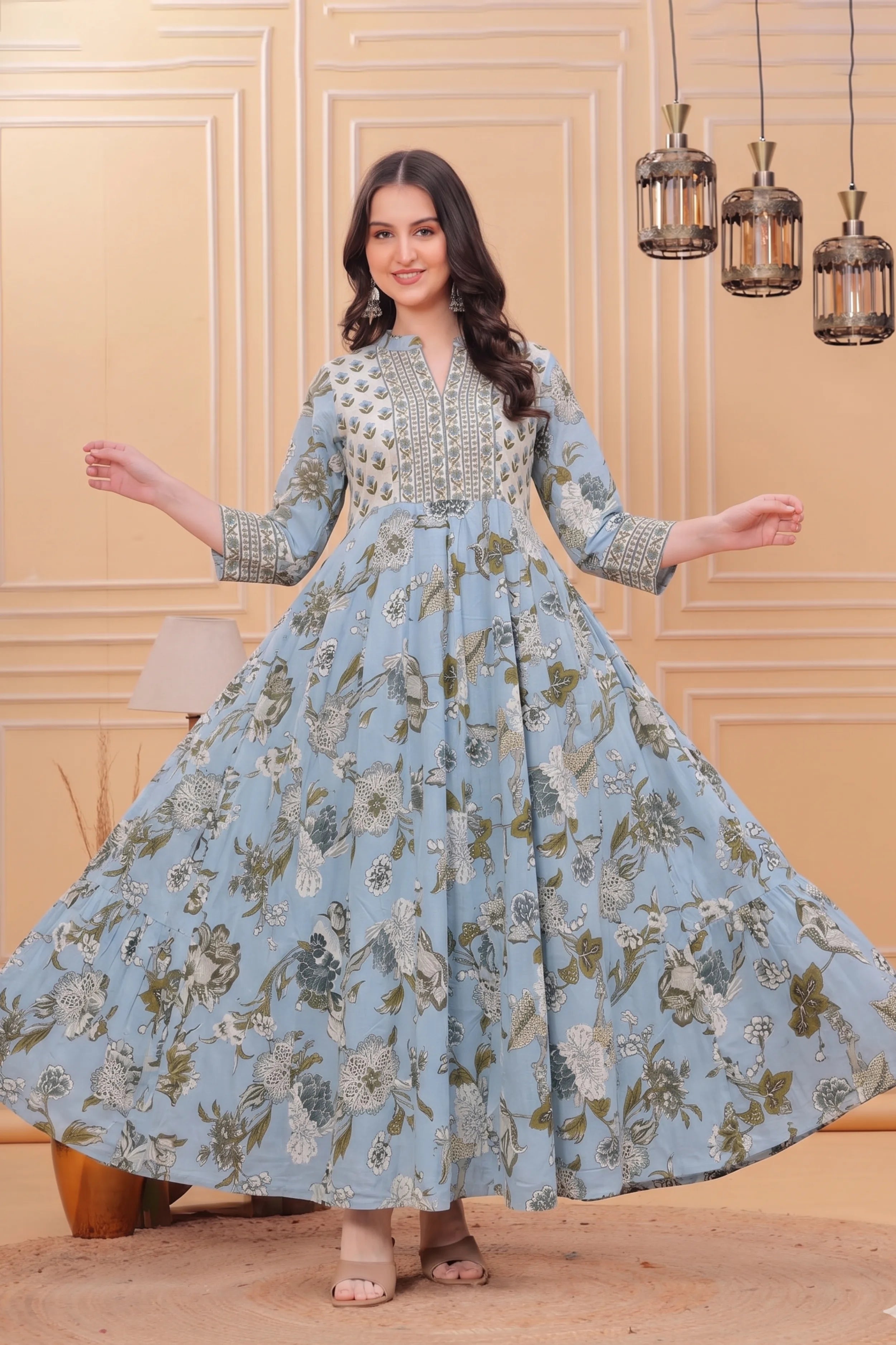 Sky Blue Floral Hand Printed Anarkali Maxi Dress