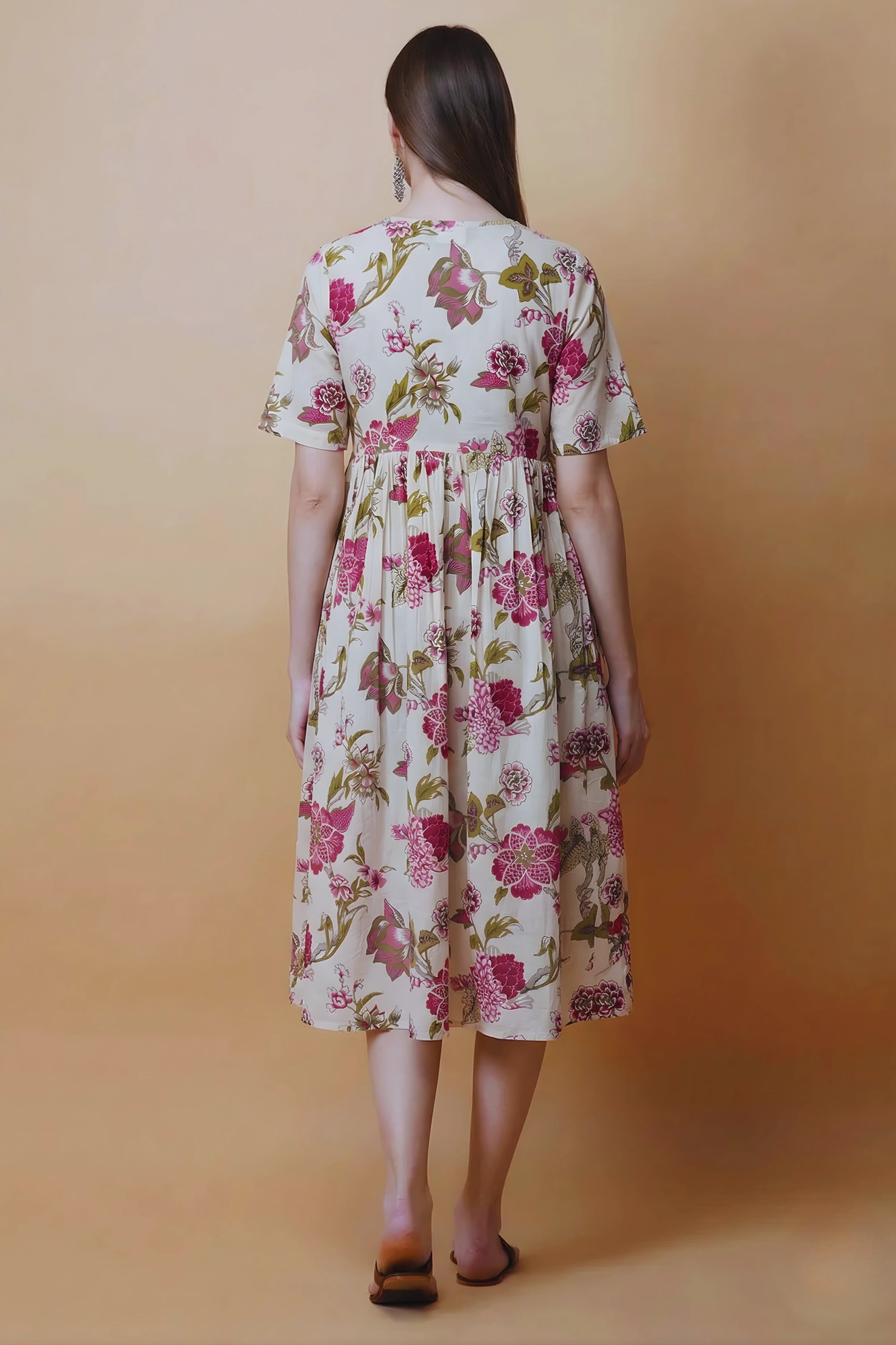 Pink Hand Printed V-Neck Midi Dress In Angrakha style