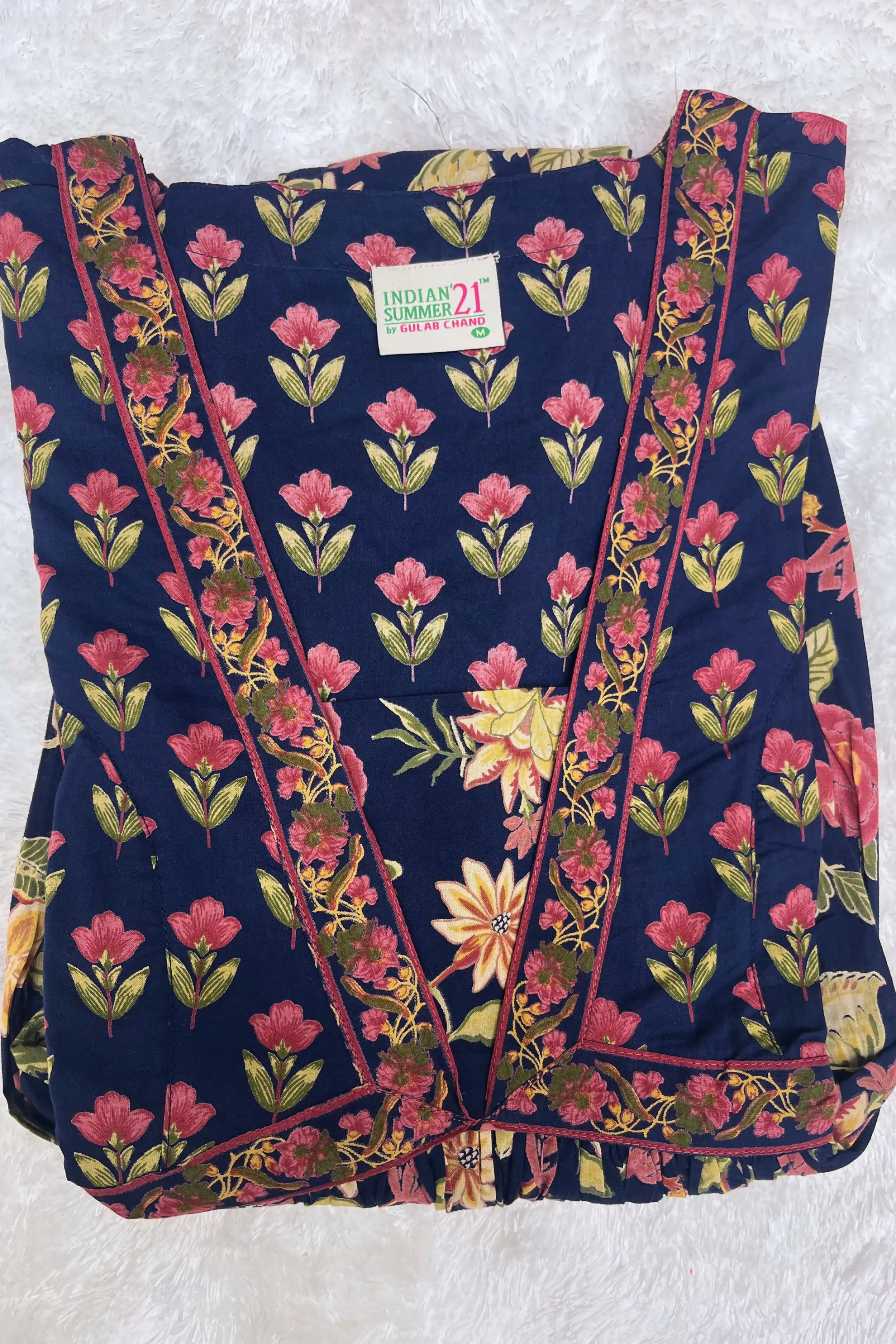 Blue Flared Anarkali Cotton Kurta with Floral Print