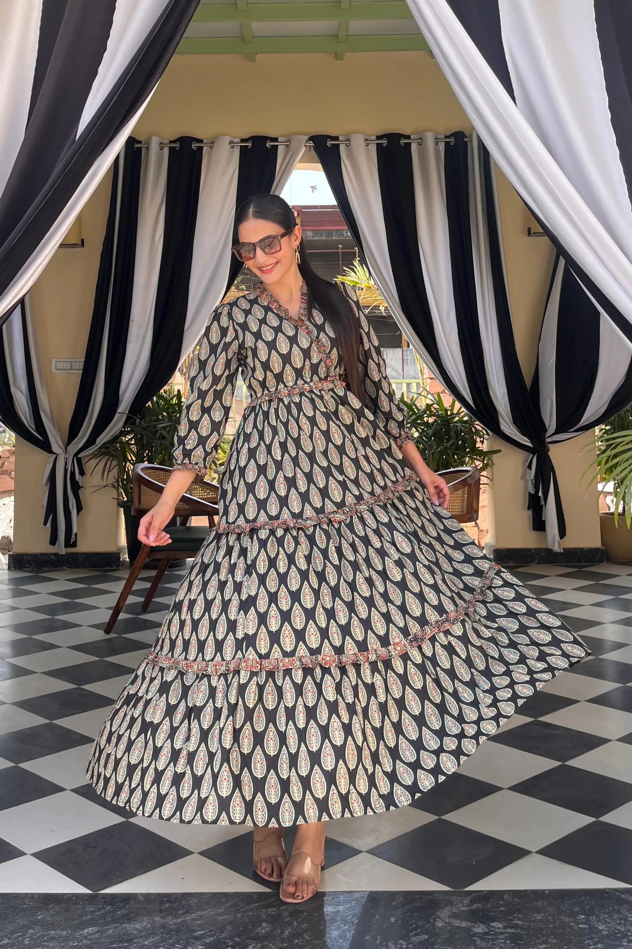 Black Hand Printed Tiered Maxi Dress