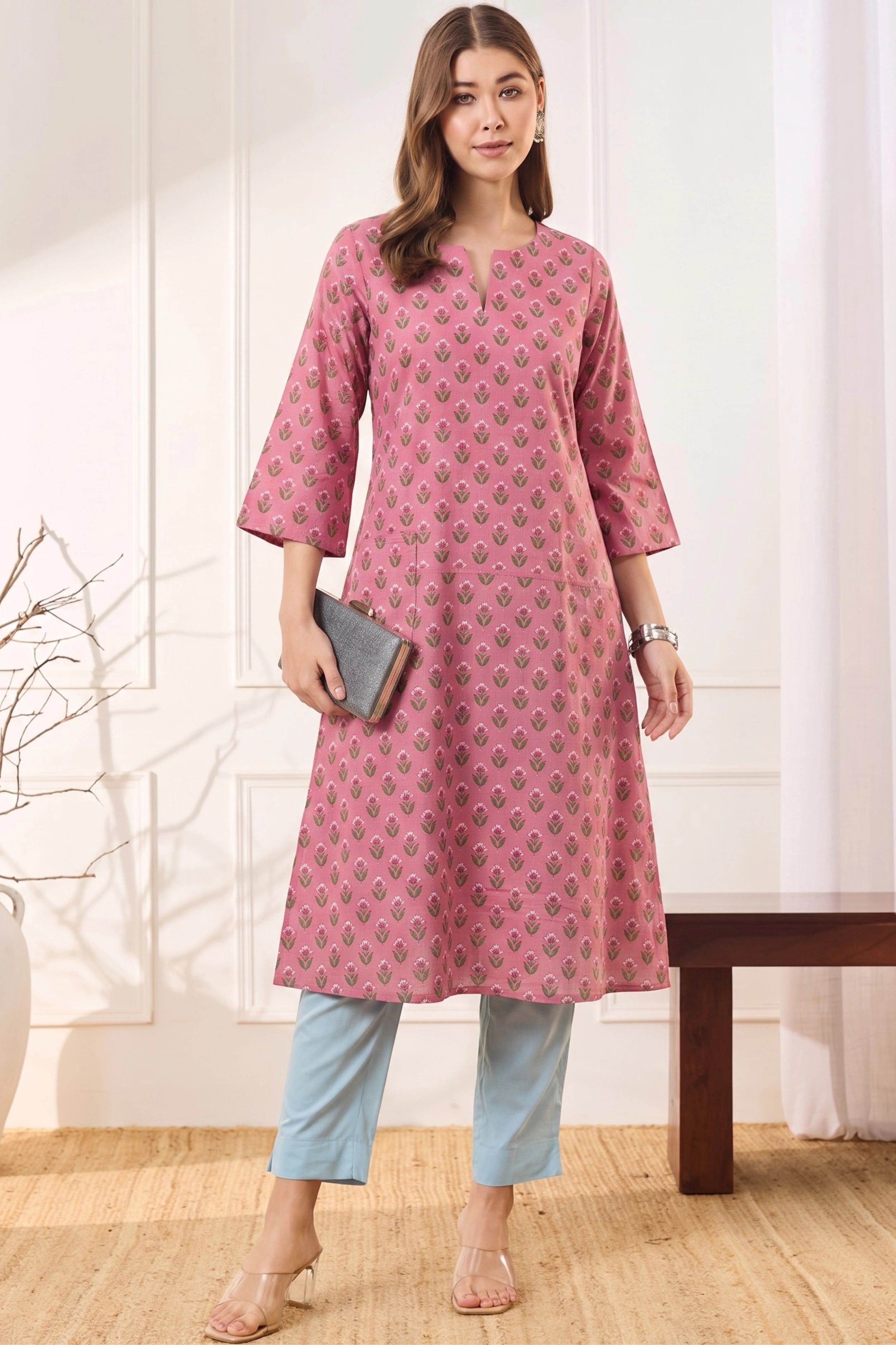 Pink A line kurta With Pocket