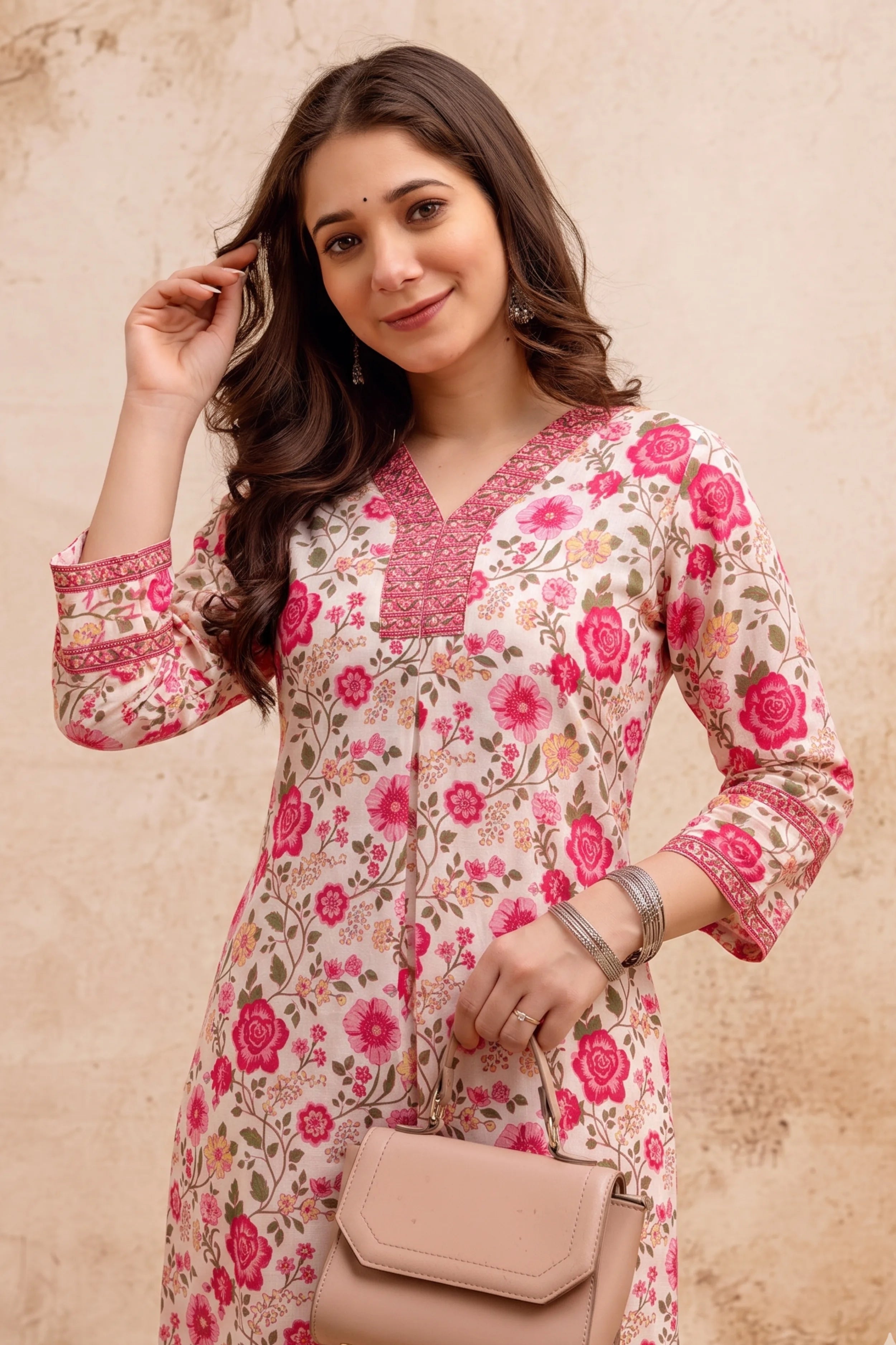 Pink Floral V-Neck Hand Printed Straight Kurta